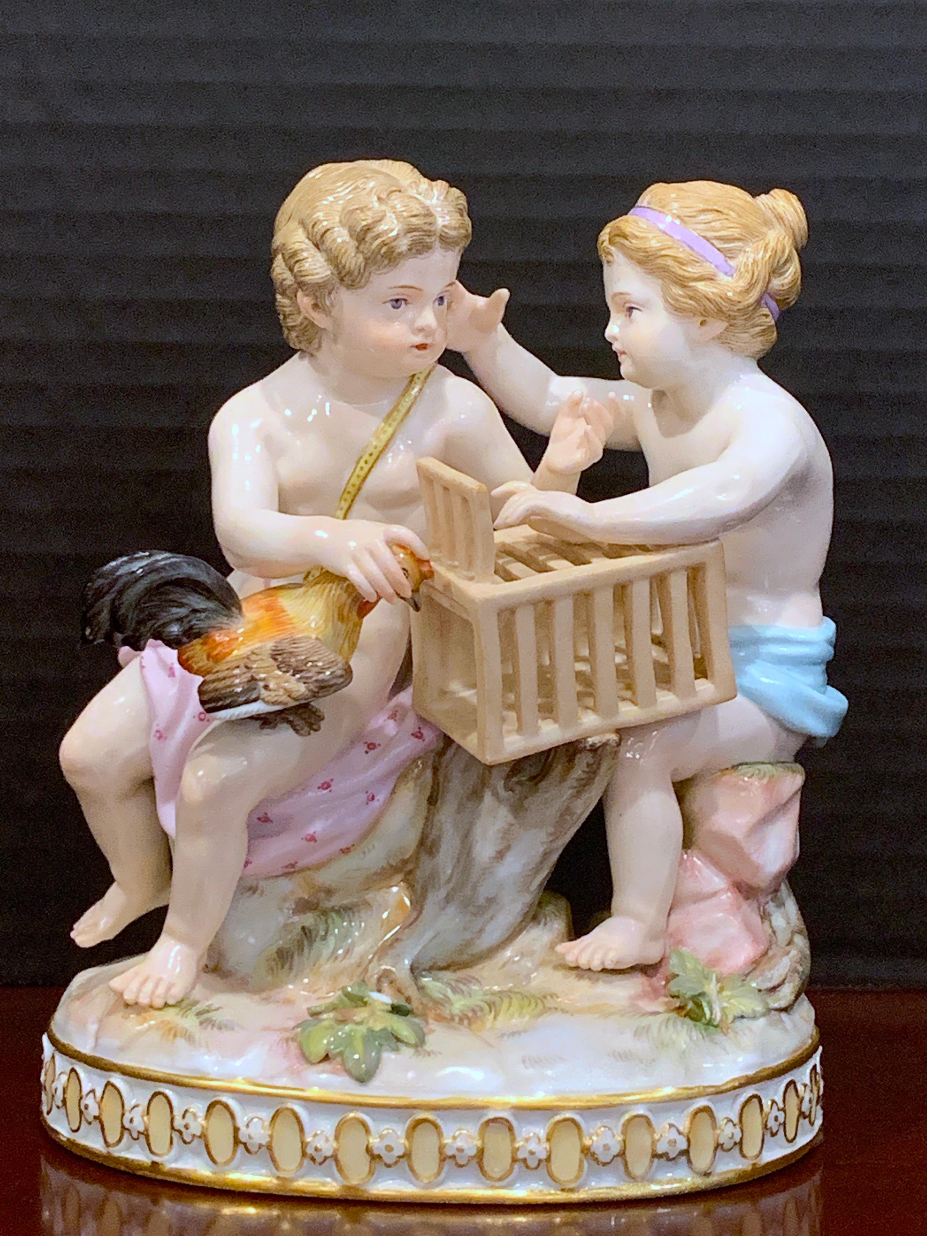 19th century Meissen grouping of two boys with rooster and cage, remarkable condition, all fingers and toes intact no major damage observed.
