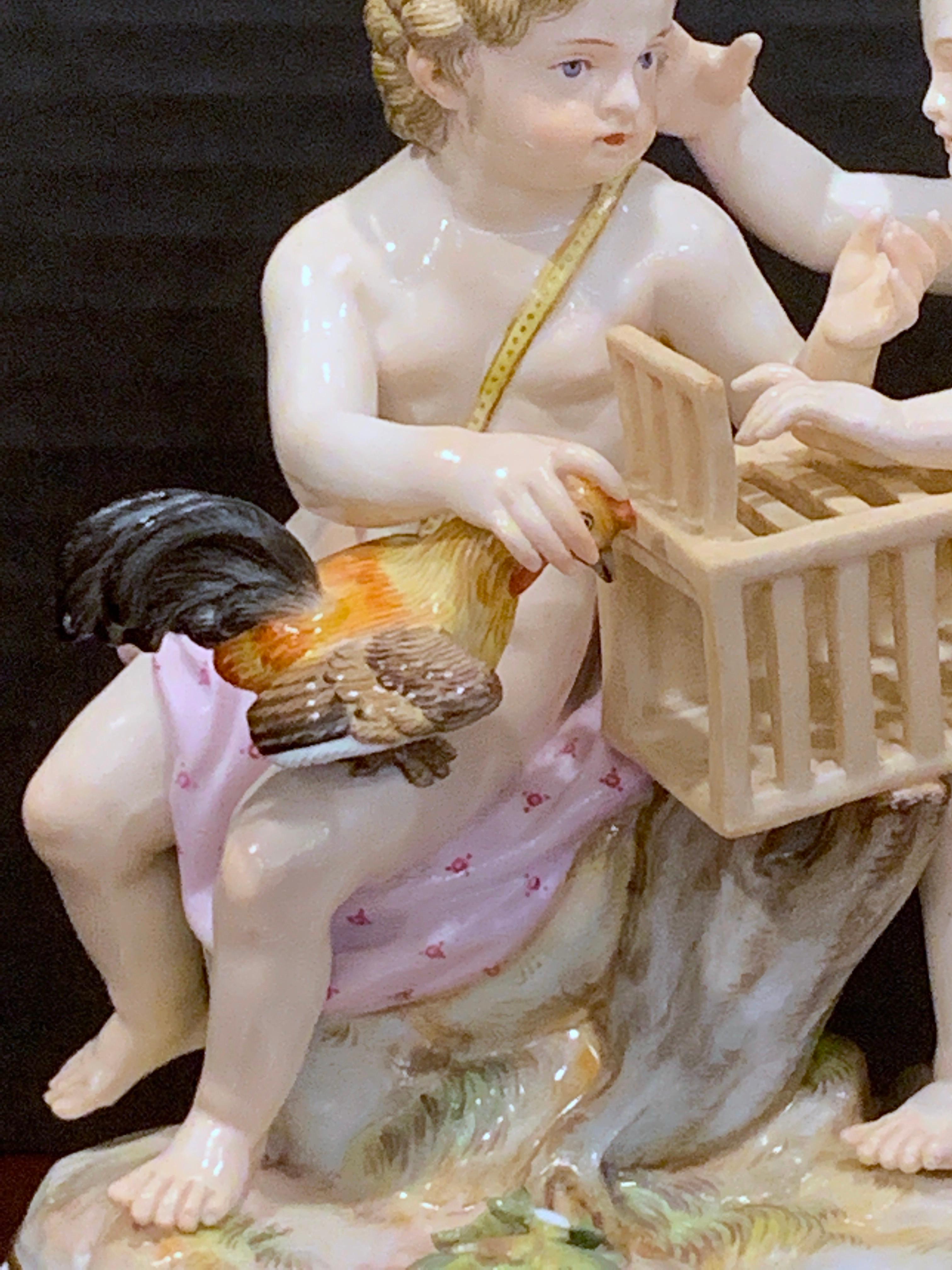 German 19th Century Meissen Grouping of Two Boys with Rooster and Cage For Sale