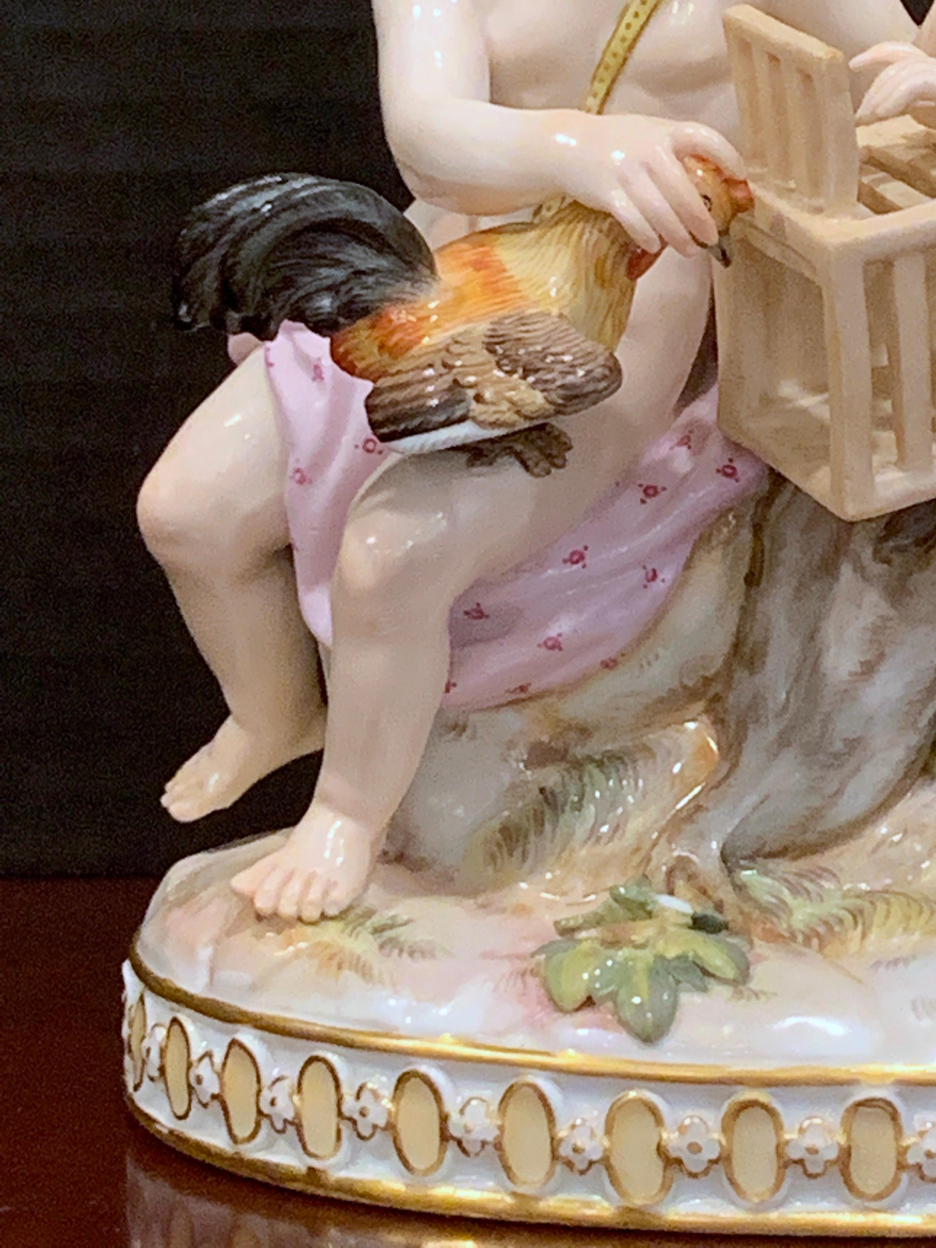 19th Century Meissen Grouping of Two Boys with Rooster and Cage In Good Condition For Sale In Atlanta, GA