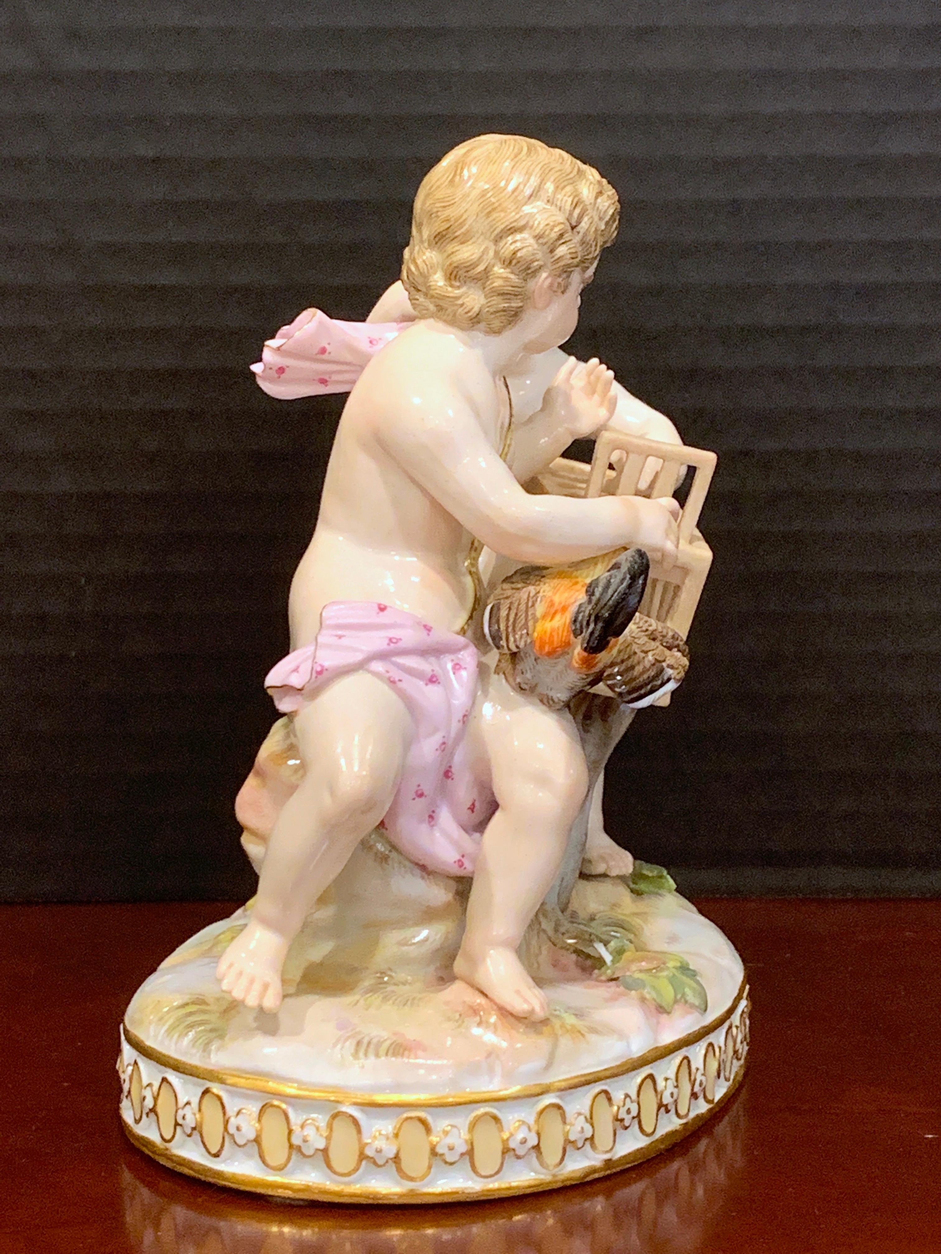 Porcelain 19th Century Meissen Grouping of Two Boys with Rooster and Cage For Sale