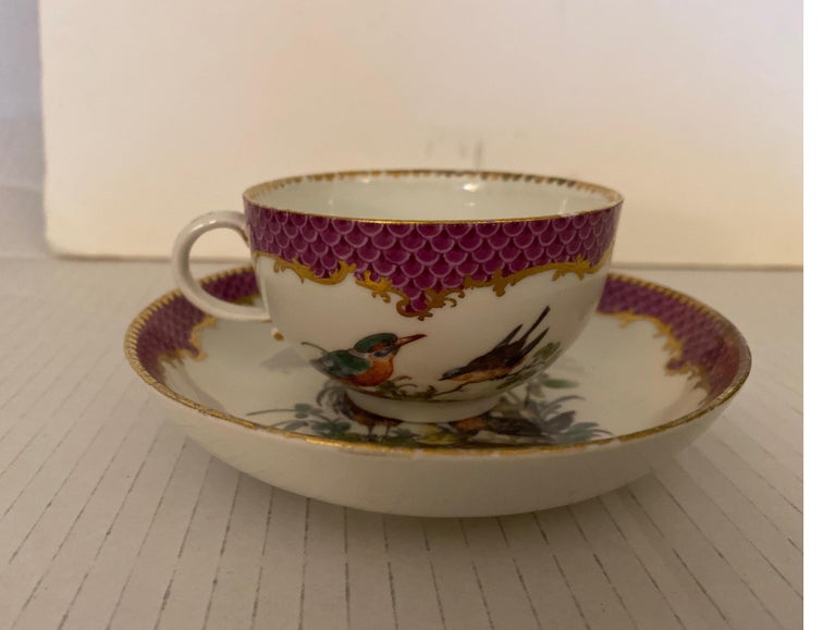 German 19th Century Meissen Hand Painted Cup and Saucer For Sale