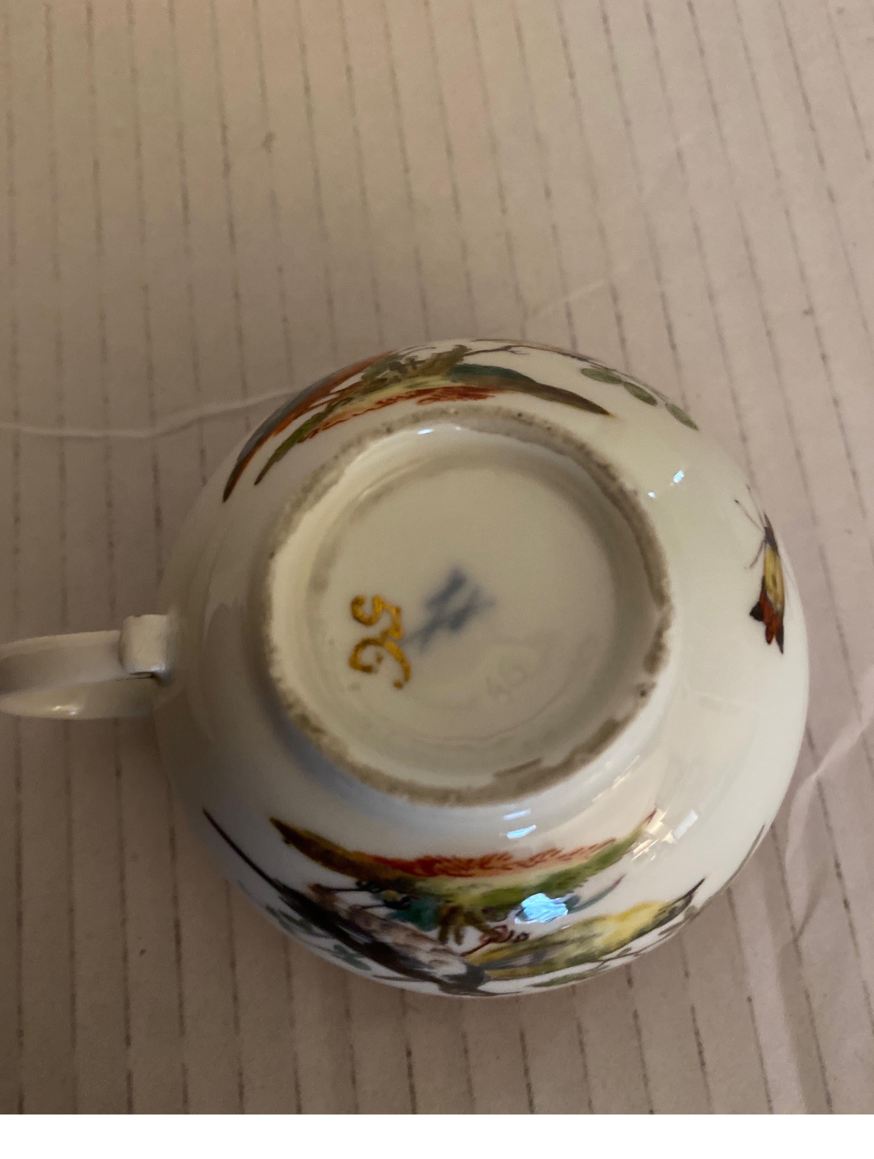 German 19th Century Meissen Hand Painted Cup and Saucer For Sale