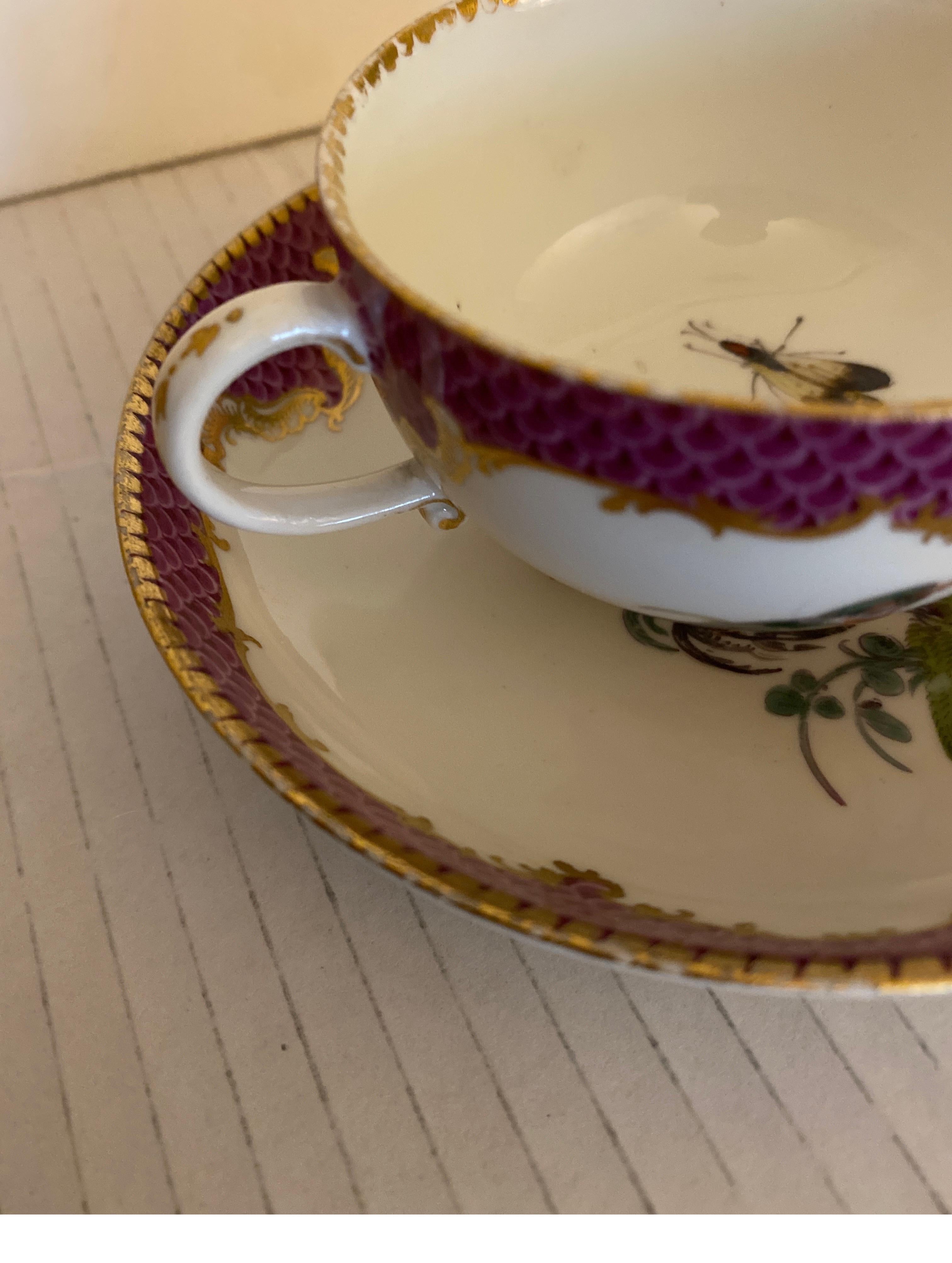 Porcelain 19th Century Meissen Hand Painted Cup and Saucer For Sale