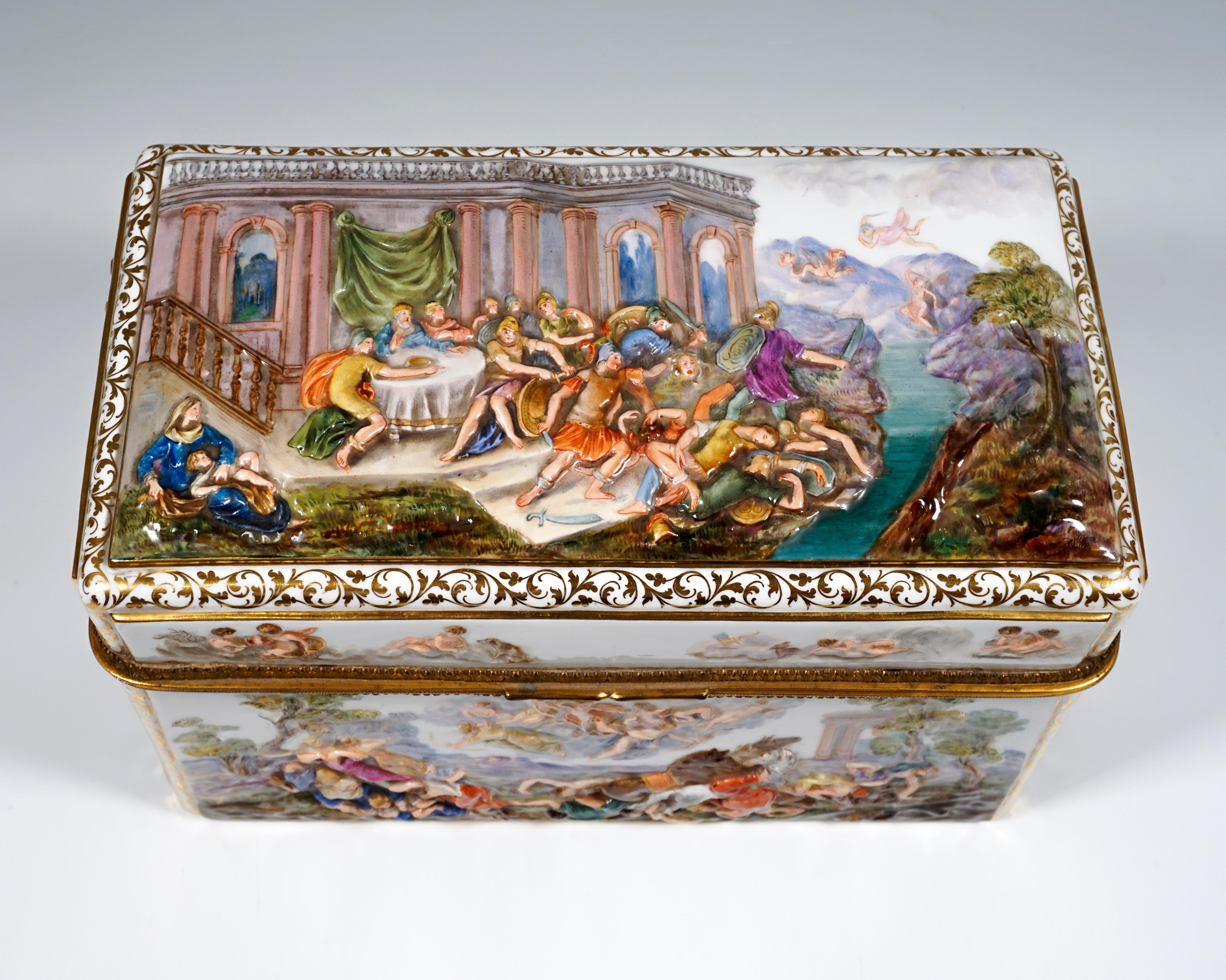 German 19th Century Meissen Jewelry Box With Colored Greek Mythology Reliefs