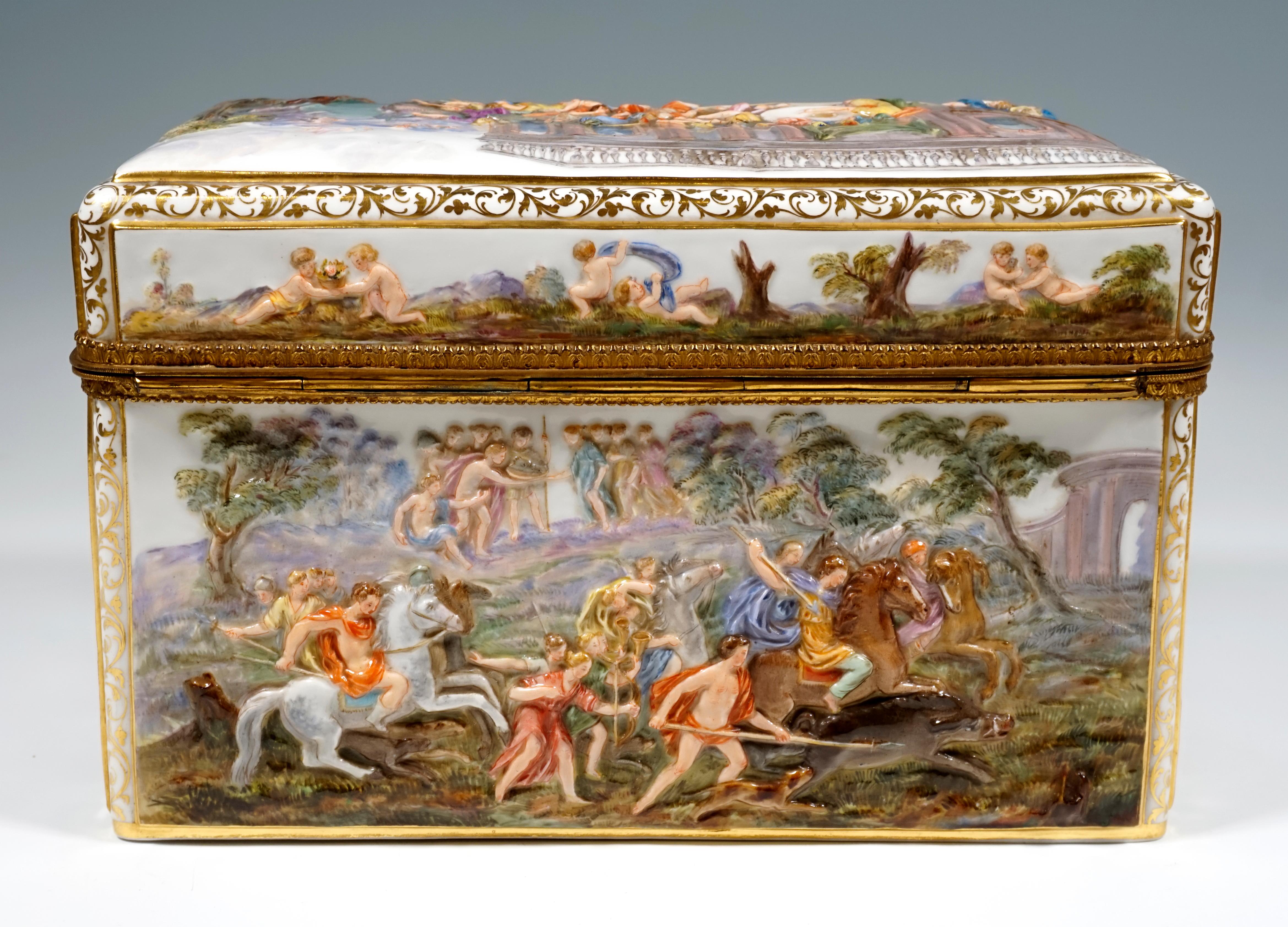 Porcelain 19th Century Meissen Jewelry Box With Colored Greek Mythology Reliefs