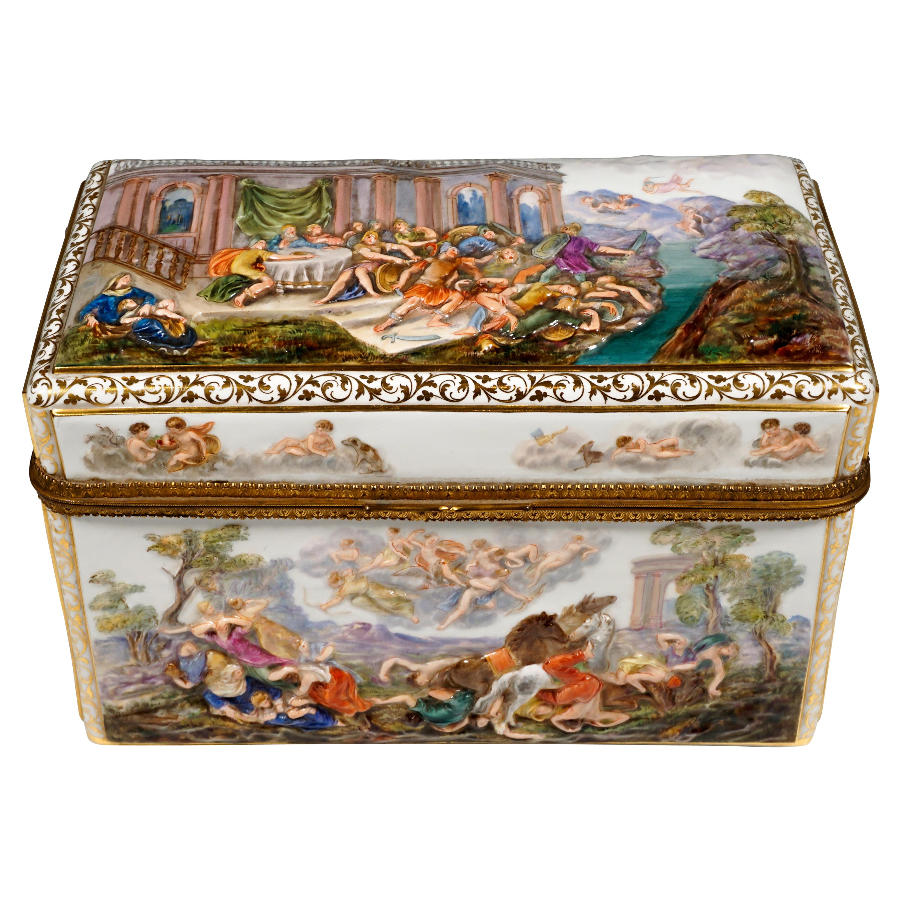 19th Century Meissen Jewelry Box With Colored Greek Mythology Reliefs