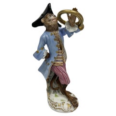 Antique 19th Century Meissen Monkey Band French Horn Player Member Figurine