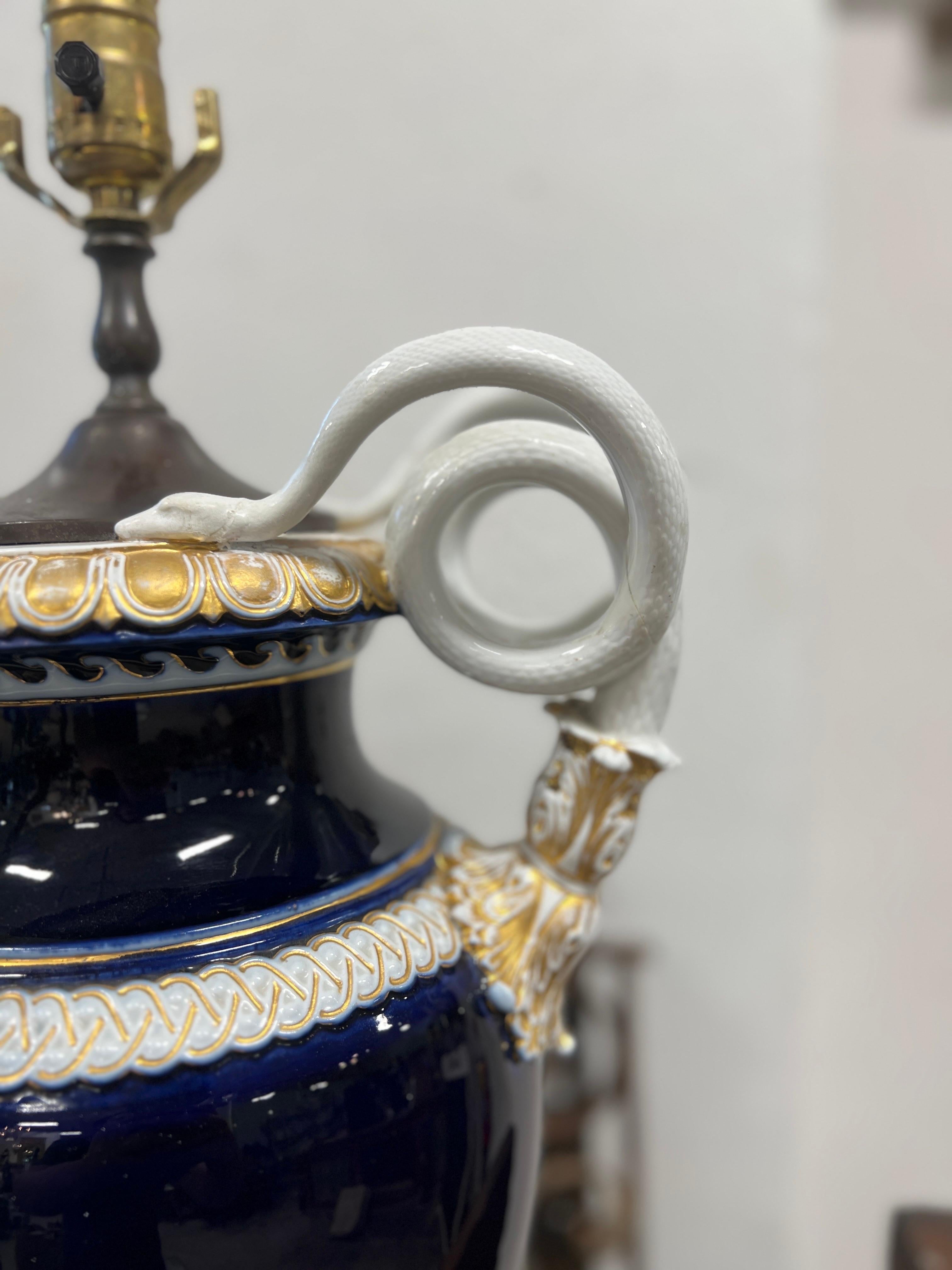 German 19th Century, Meissen Neoclassical Cobalt Blue & Gold Snake Handle Urn Lamp For Sale