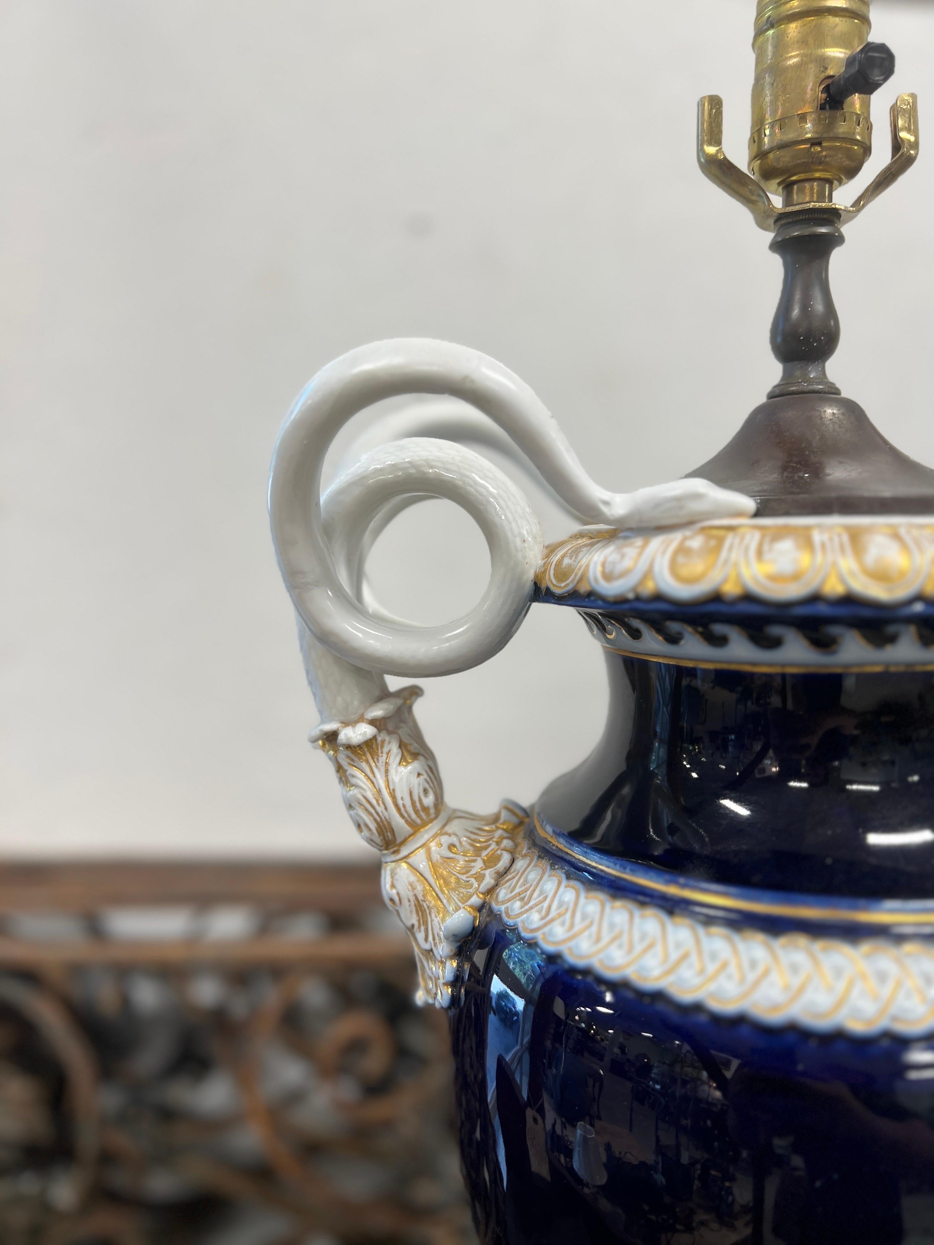 19th Century, Meissen Neoclassical Cobalt Blue & Gold Snake Handle Urn Lamp In Good Condition For Sale In Atlanta, GA