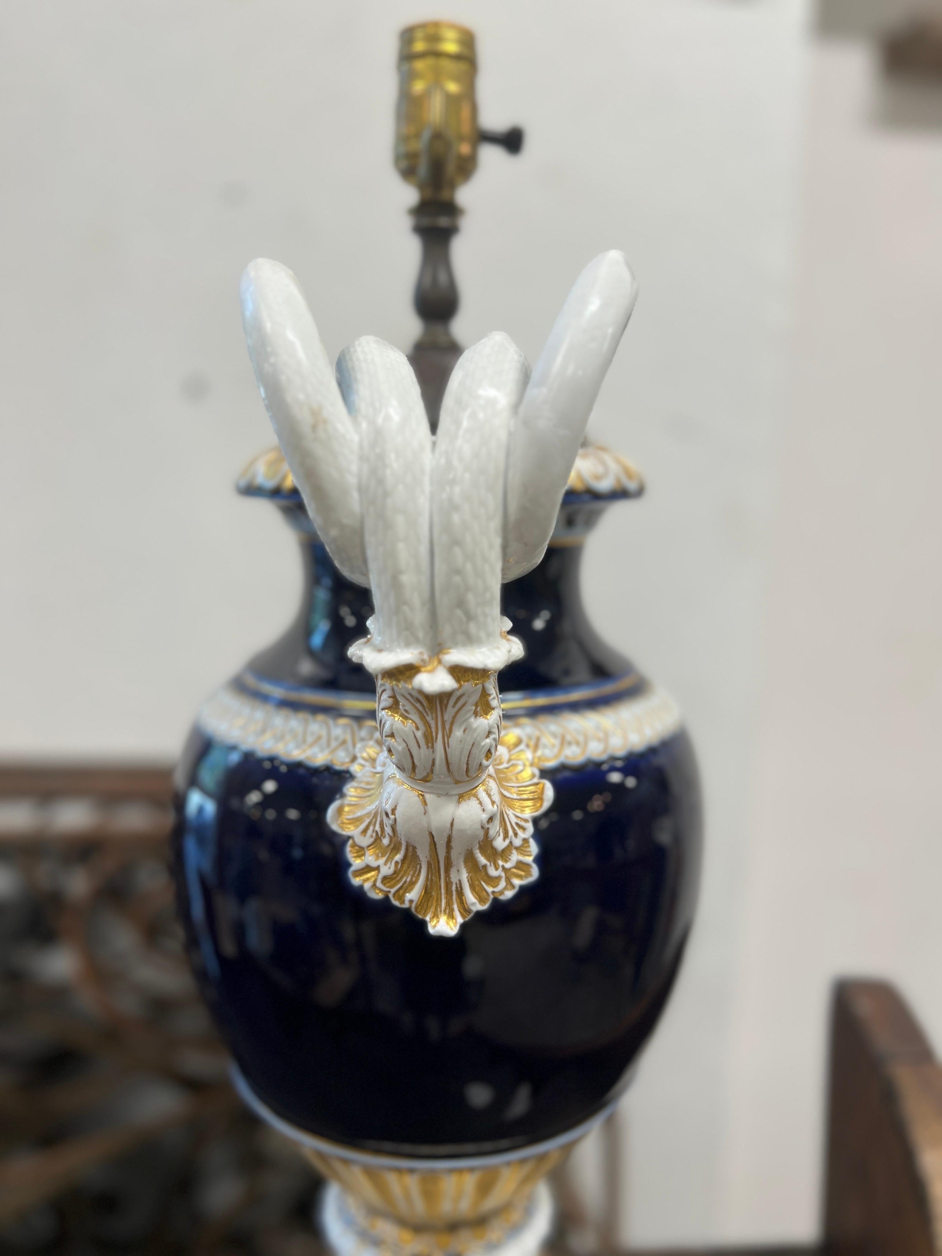 Porcelain 19th Century, Meissen Neoclassical Cobalt Blue & Gold Snake Handle Urn Lamp For Sale