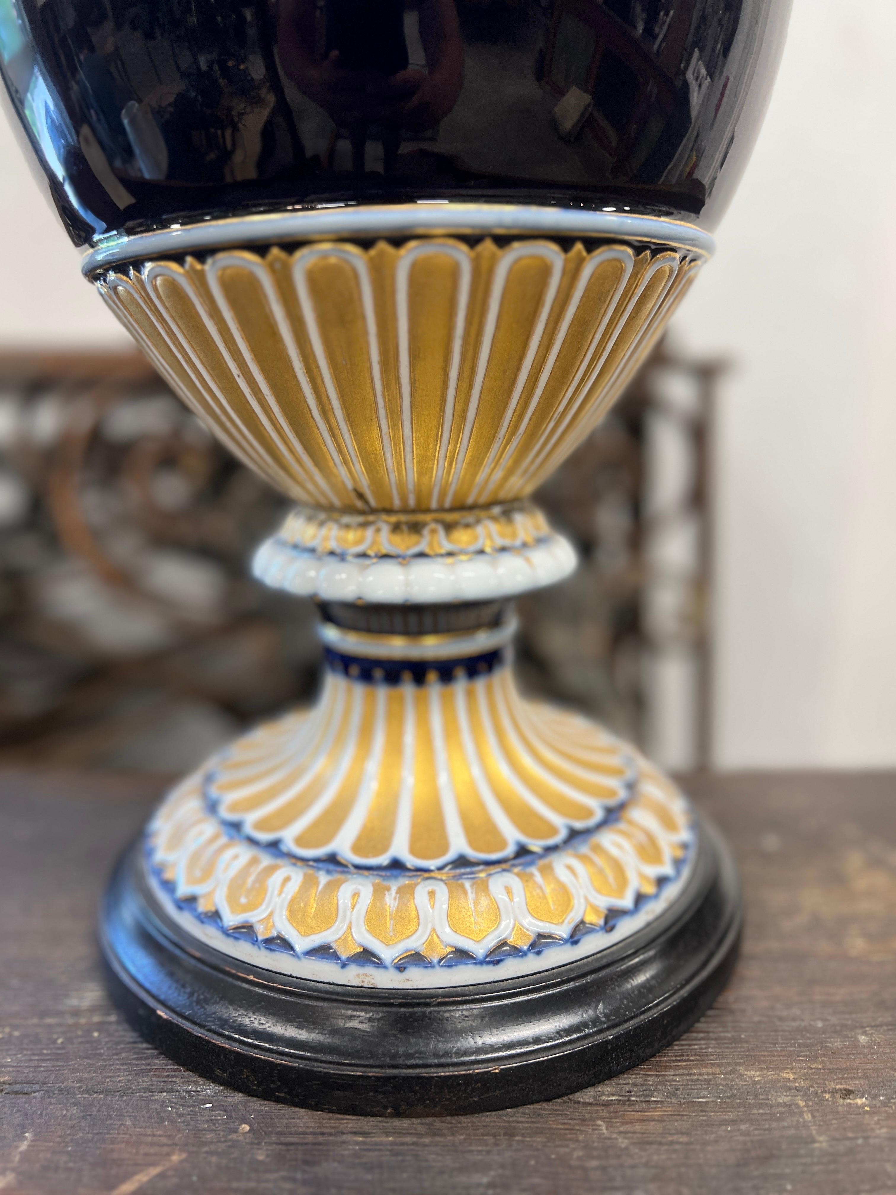 19th Century, Meissen Neoclassical Cobalt Blue & Gold Snake Handle Urn Lamp For Sale 1