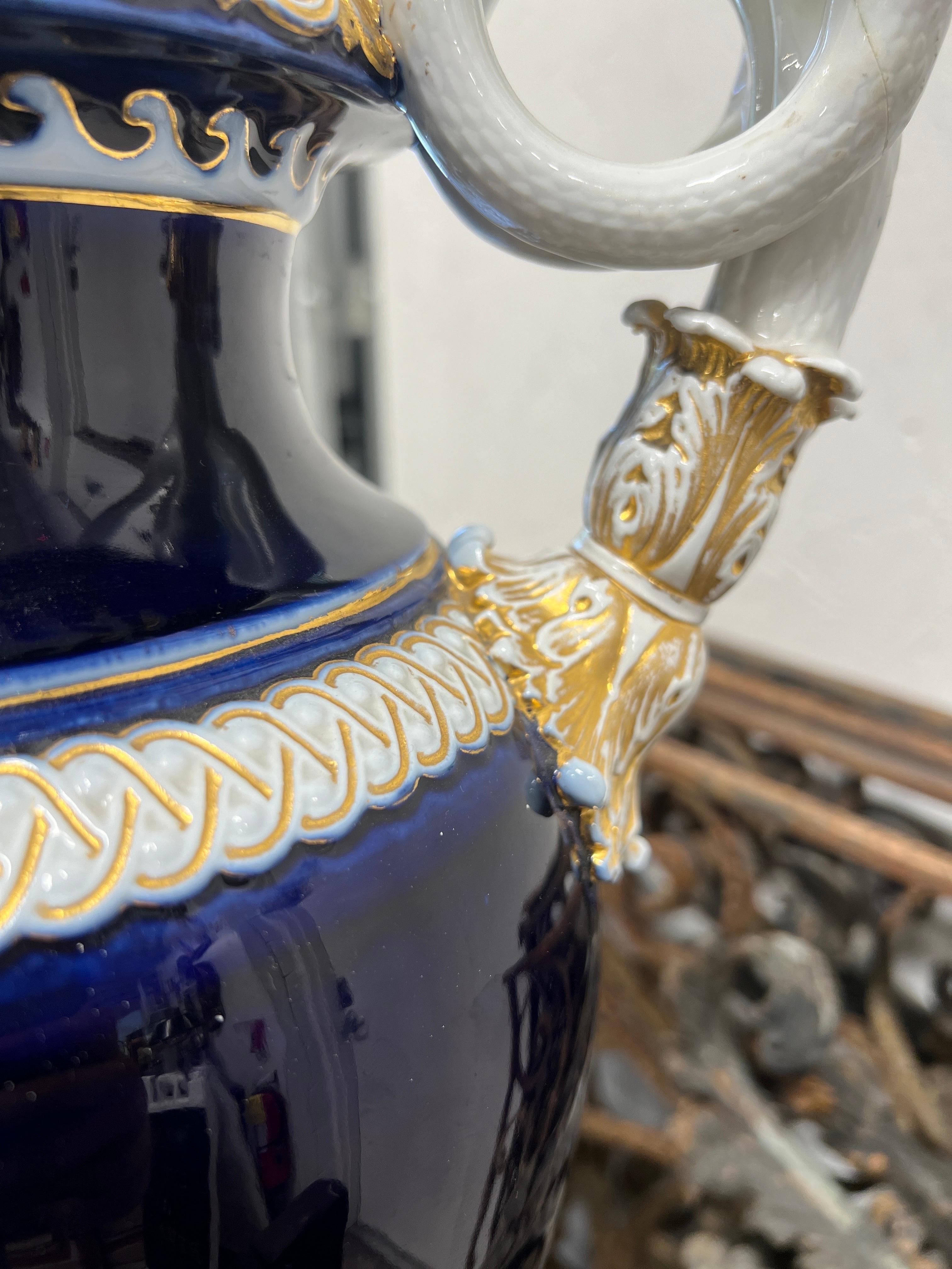 19th Century, Meissen Neoclassical Cobalt Blue & Gold Snake Handle Urn Lamp For Sale 3