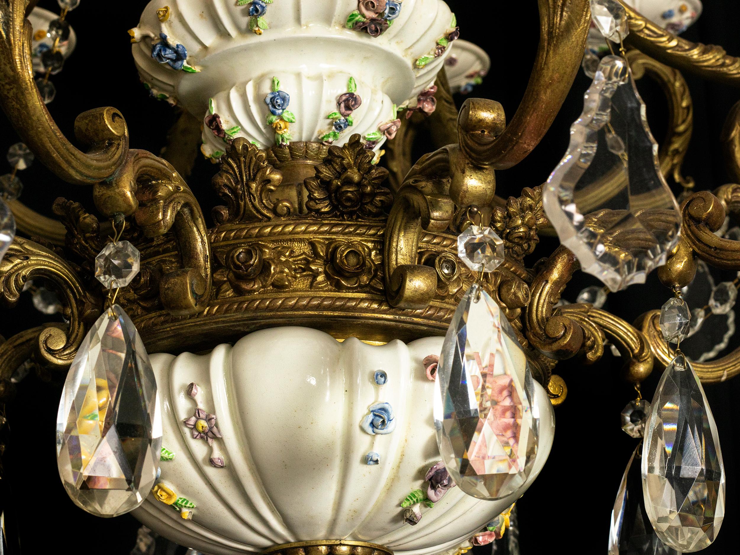 XIX secolo Large Porcelain And Crystal, Gilt Bronze Chandelier, 19th Century in vendita