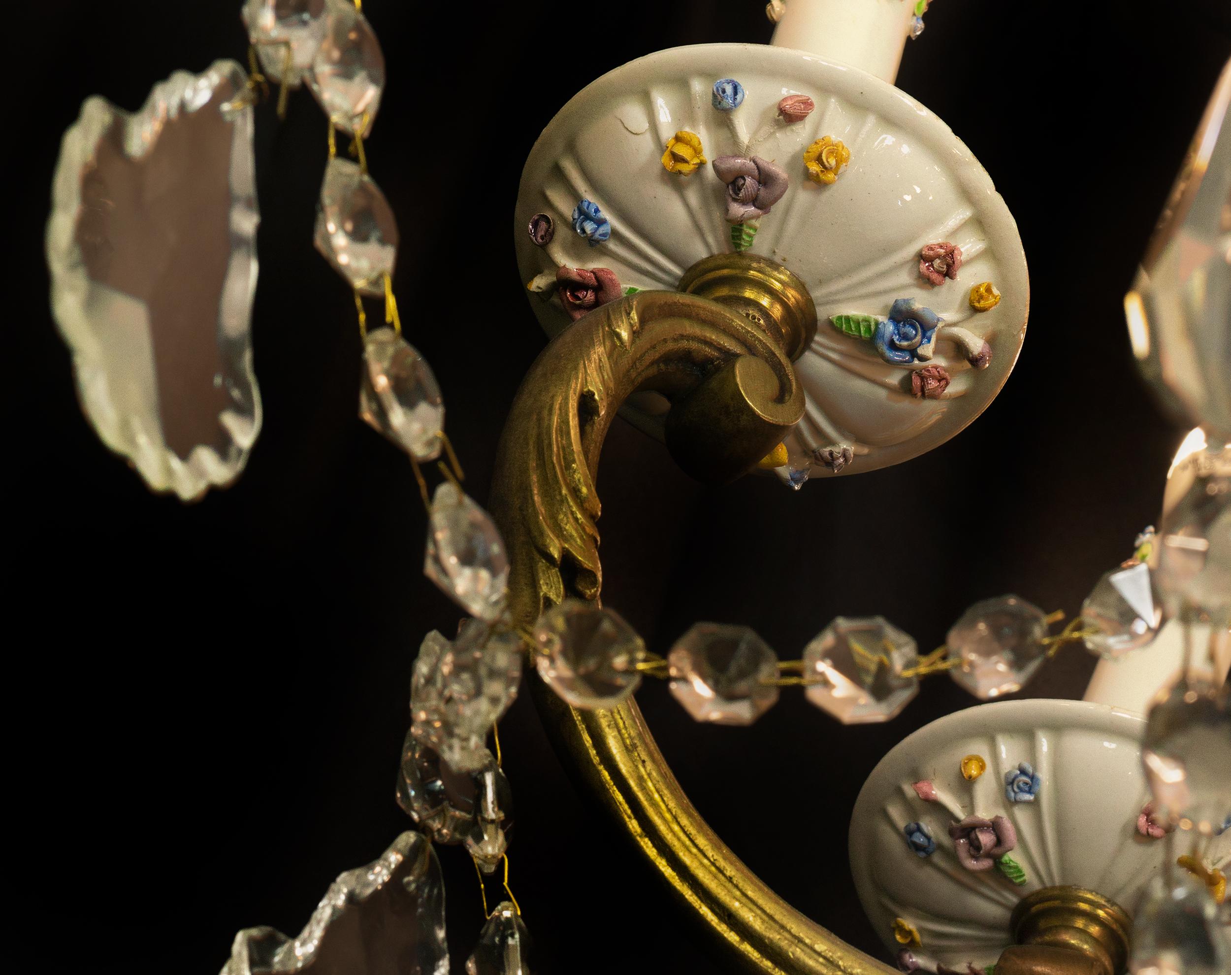 Bronzo Large Porcelain And Crystal, Gilt Bronze Chandelier, 19th Century in vendita