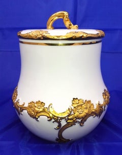 19th Century Meissen Porcelain Cookie Jar White Gold Decorated Marked Stamped
