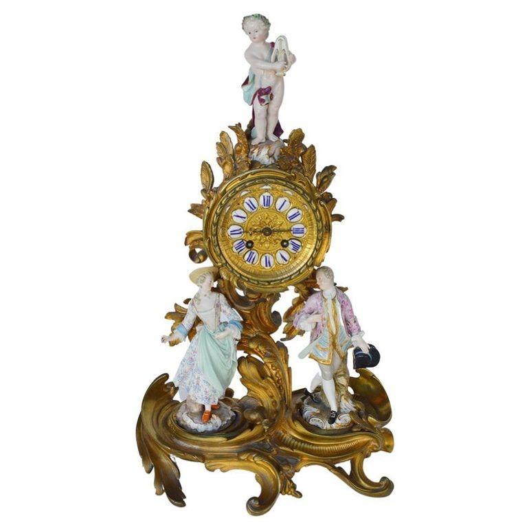19. Jahrhundert Meissen Porcelain & vergoldete Bronze Uhr von Japy Frères Grand Med
