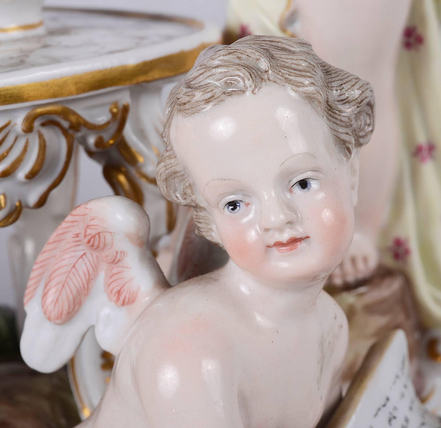 A good quality 19th century Meissen Porcelain group of three cherubs playing blind man’s buff. One blind folded, one seated on a chair the other reading on the floor.
Signed on the underside with blue crossed swords.