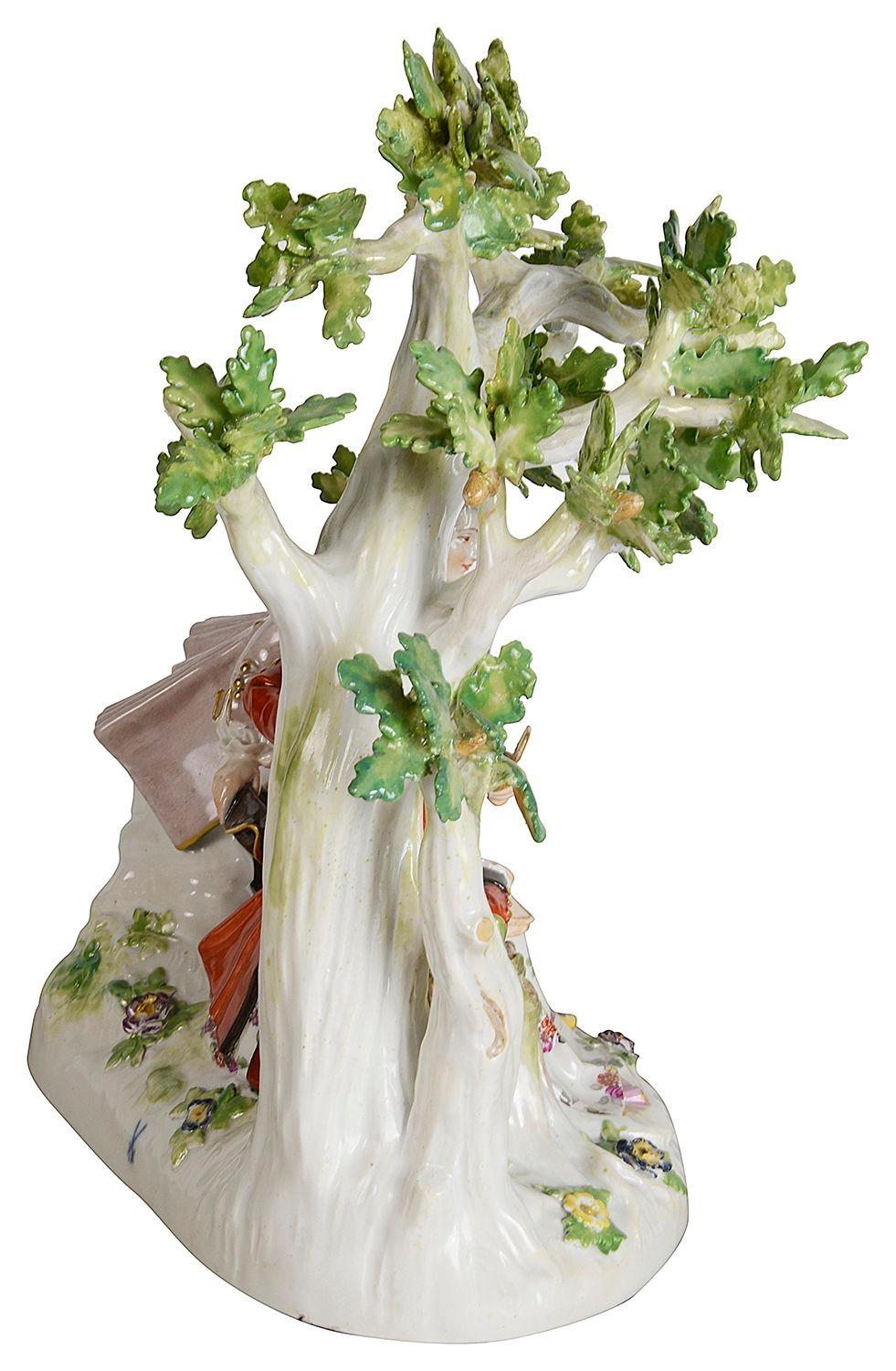 Hand-Painted 19th Century Meissen porcelain group of lovers under a tree. For Sale