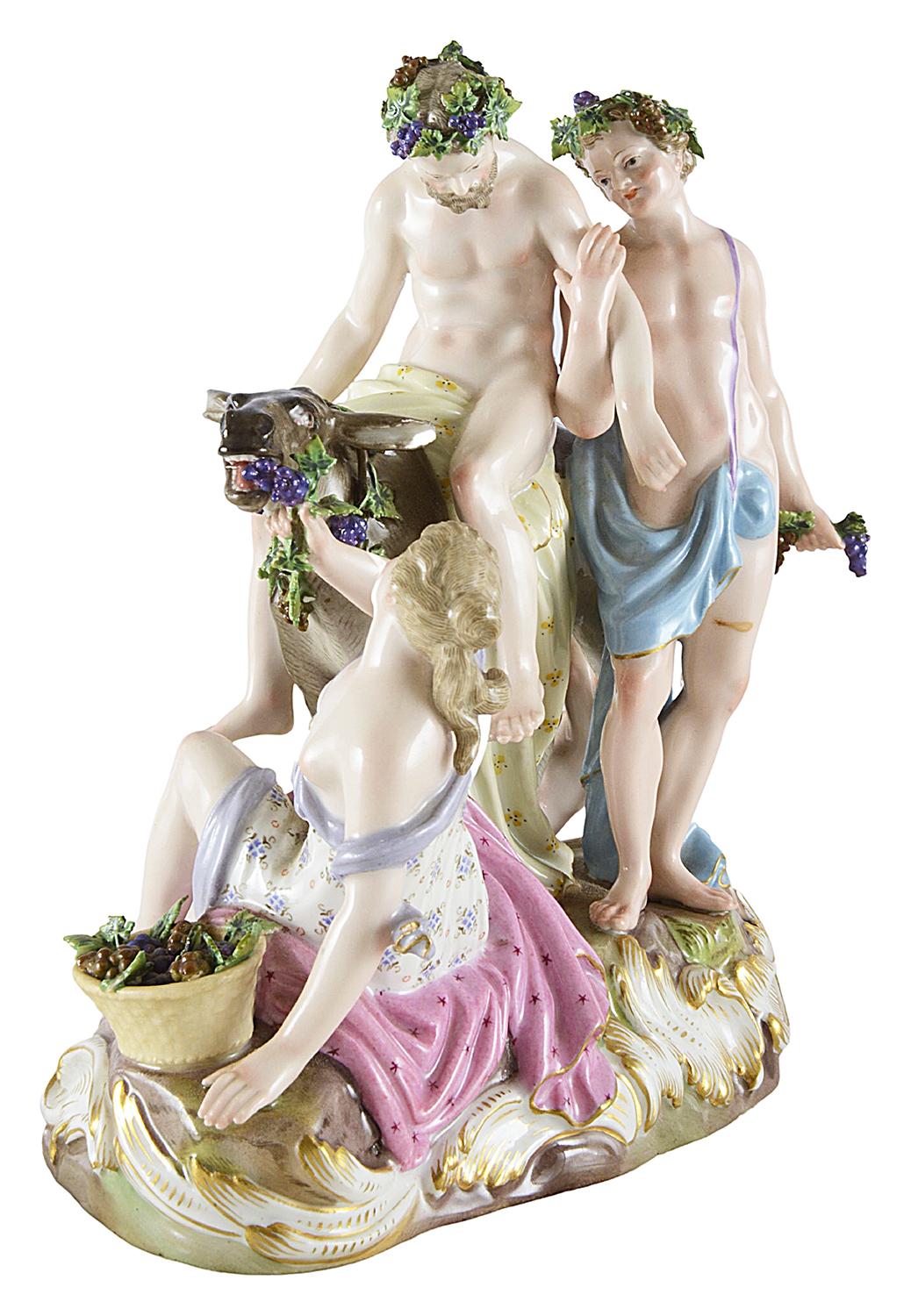 19th century Meissen Porcelain group 'Silenus on an Ass' wonderful bold colour, underglaze blue crossed swords to the base.

In Greek mythology, Ancient Greek: Romanized: Seilenós was a companion and tutor to the wine god Dionysus. He is typically