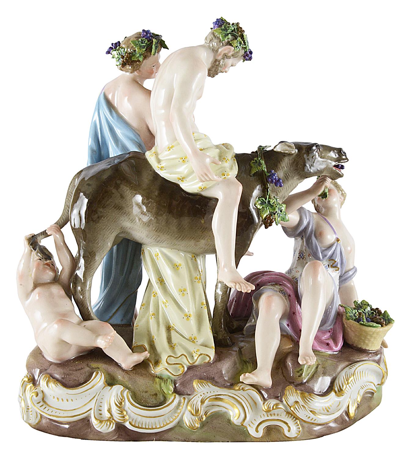 Hand-Painted 19th Century Meissen Porcelain Group of 'Silenus + Ass'