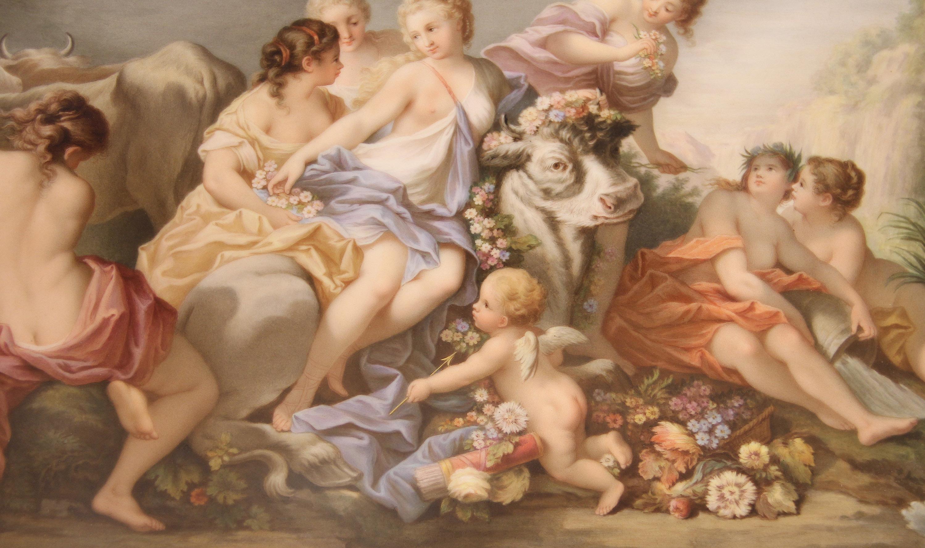 Late 19th century large Meissen Porcelain Plaque Entitled “Rape of Europa” after François Boucher

Ovid’s ‘Metamorphoses’ (II, 835–875) tells of the abduction of Europa by Jupiter, disguised as a bull. Charmed by the bull’s good nature, Europa