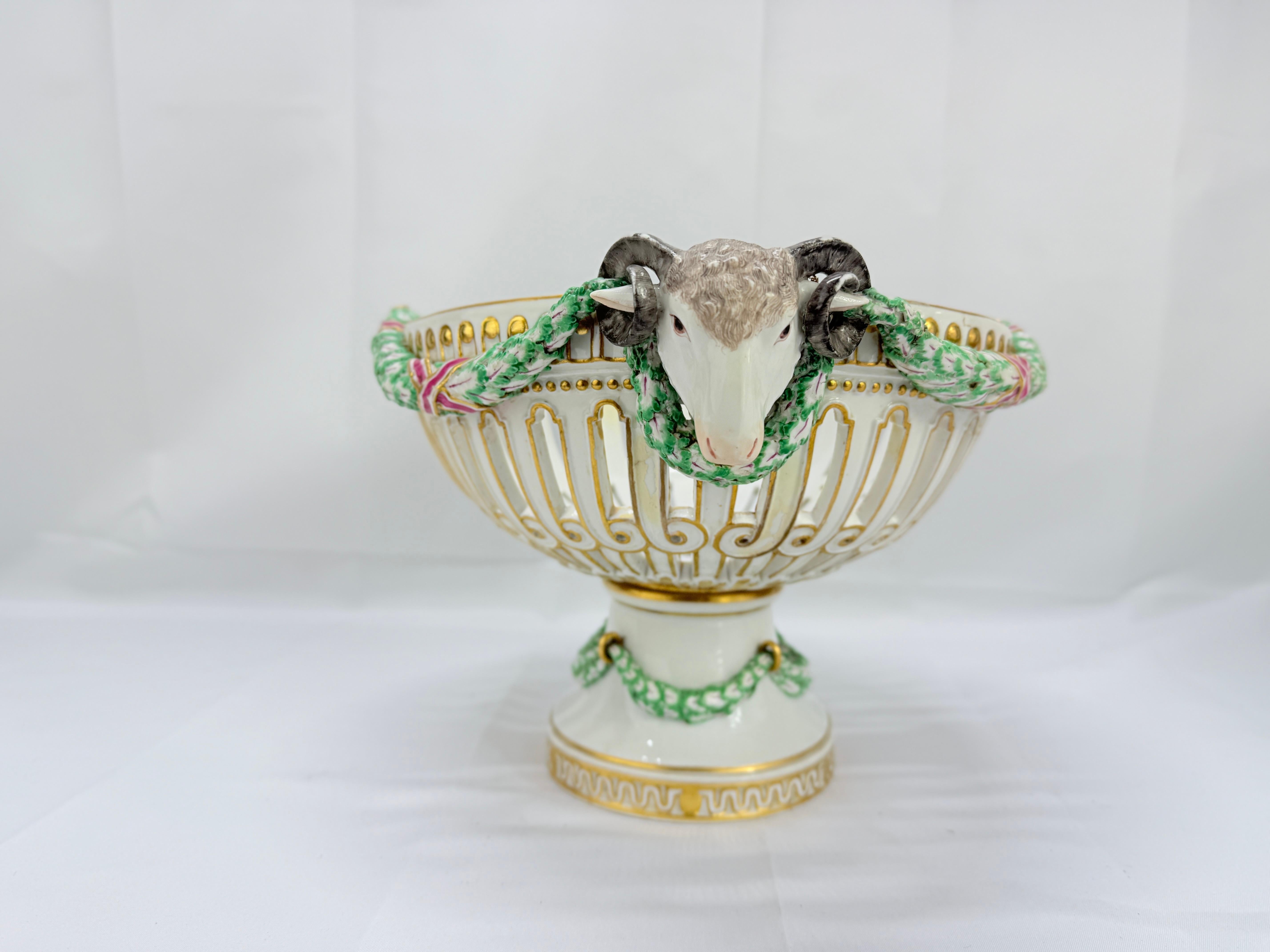 Neoclassical 19th Century, Meissen Porcelain Ram's Head & Floral Centerpiece For Sale