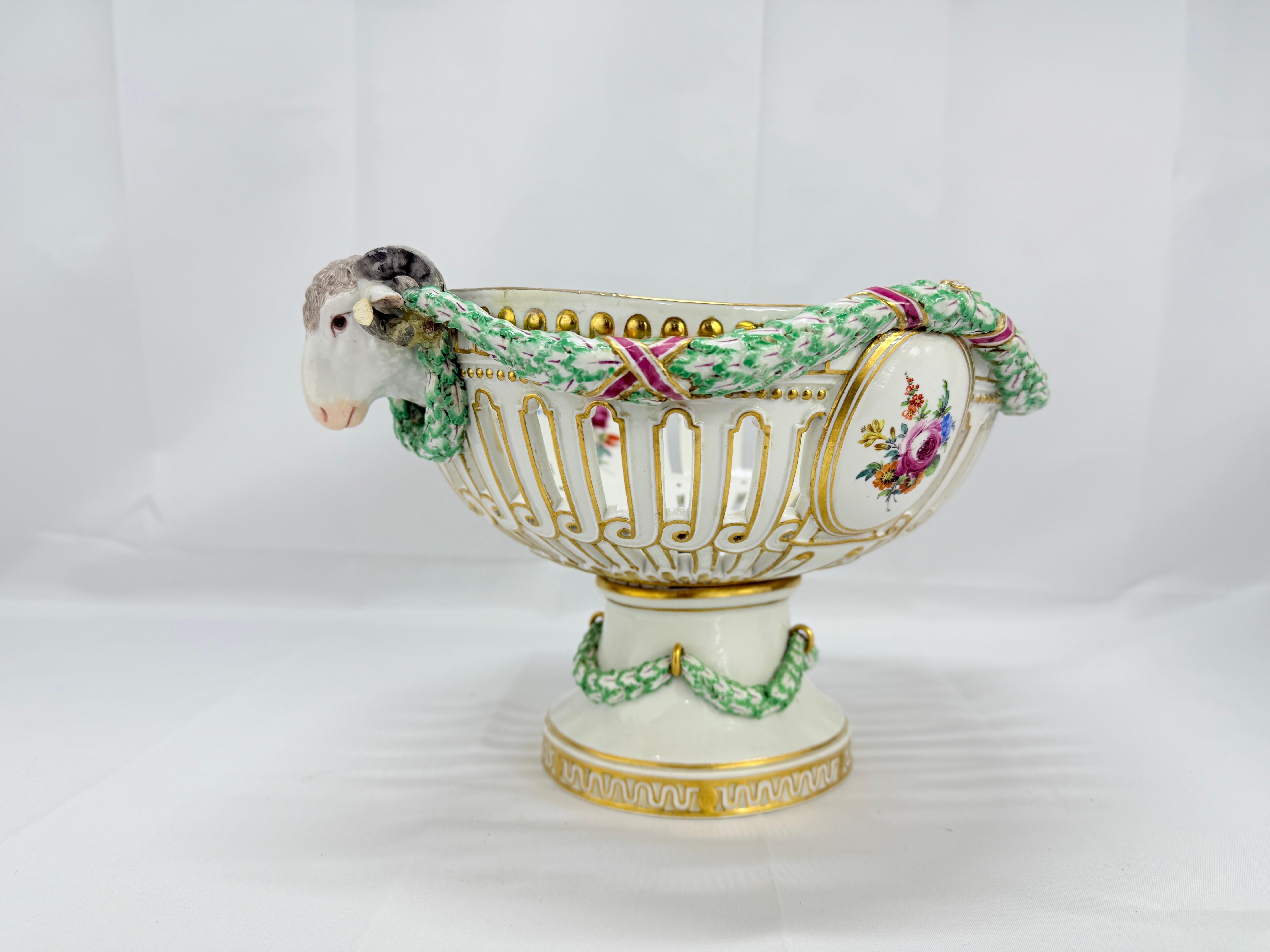 19th Century, Meissen Porcelain Ram's Head & Floral Centerpiece For Sale 1