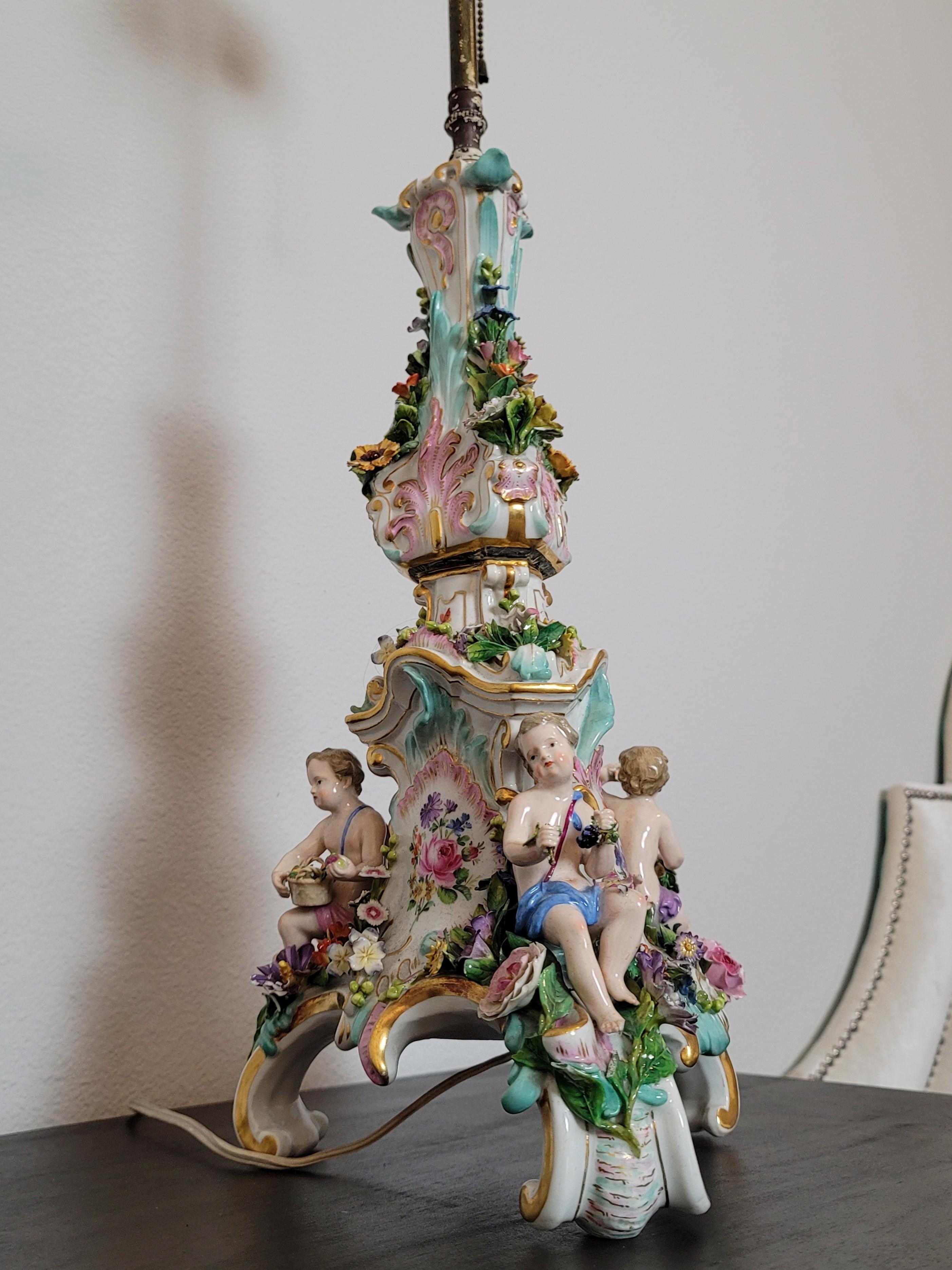 19th Century Meissen Porcelain Rococo Style Candlestick Table Lamp For Sale 7