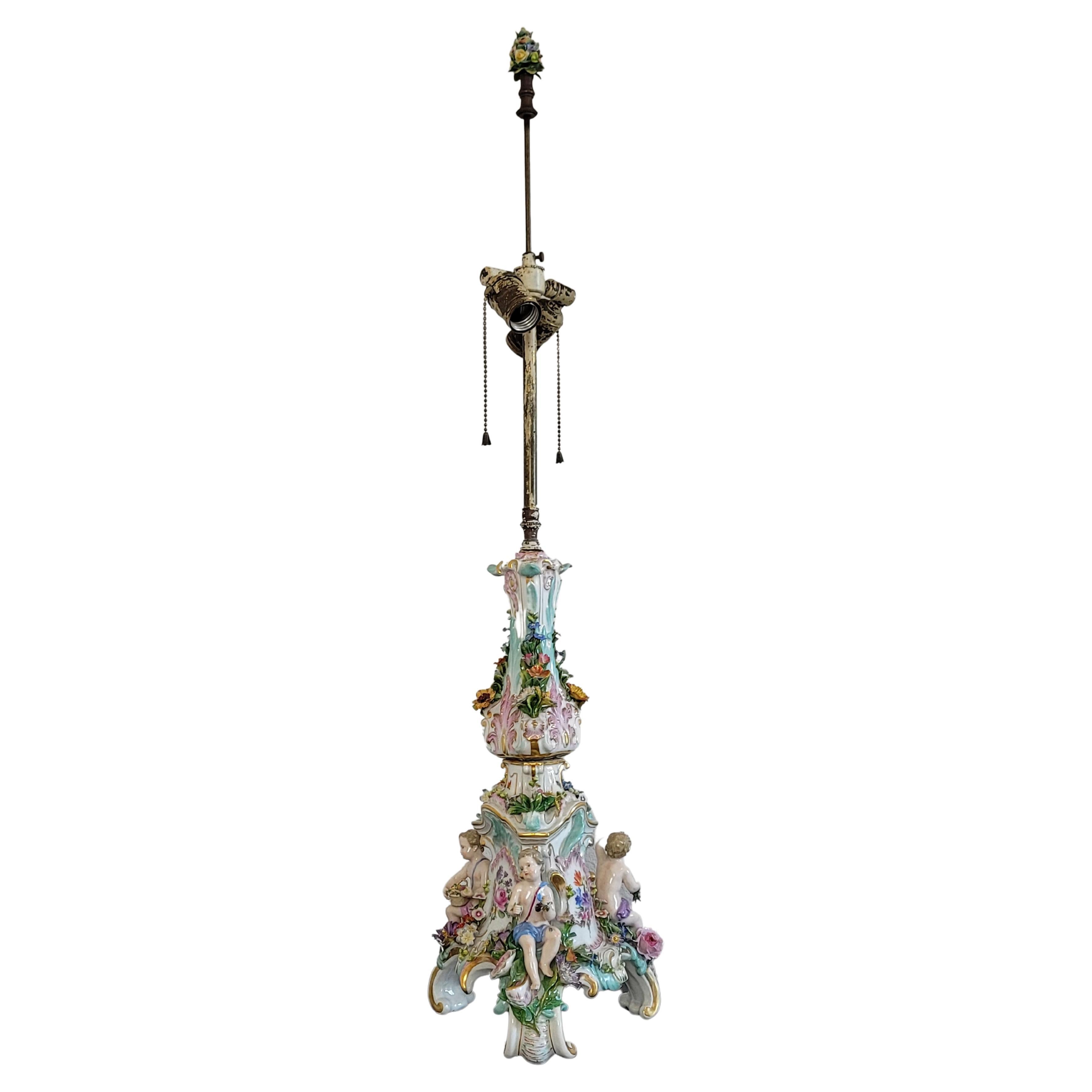 19th Century Meissen Porcelain Rococo Style Candlestick Table Lamp For Sale