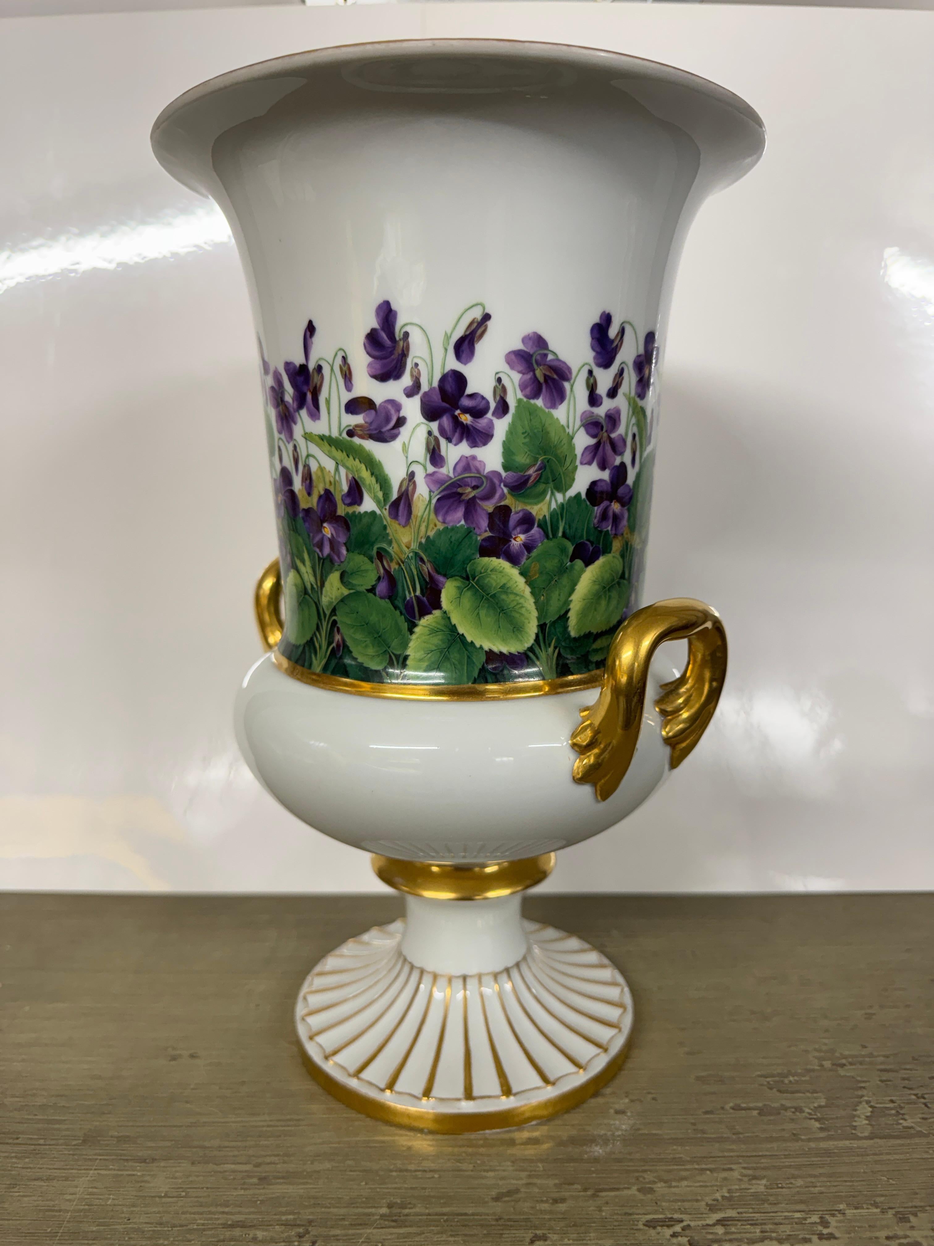 19th Century Meissen Porcelain Urn , circa 1880, painted with a continuous band of flowering violets. Crossed swords and numbered 