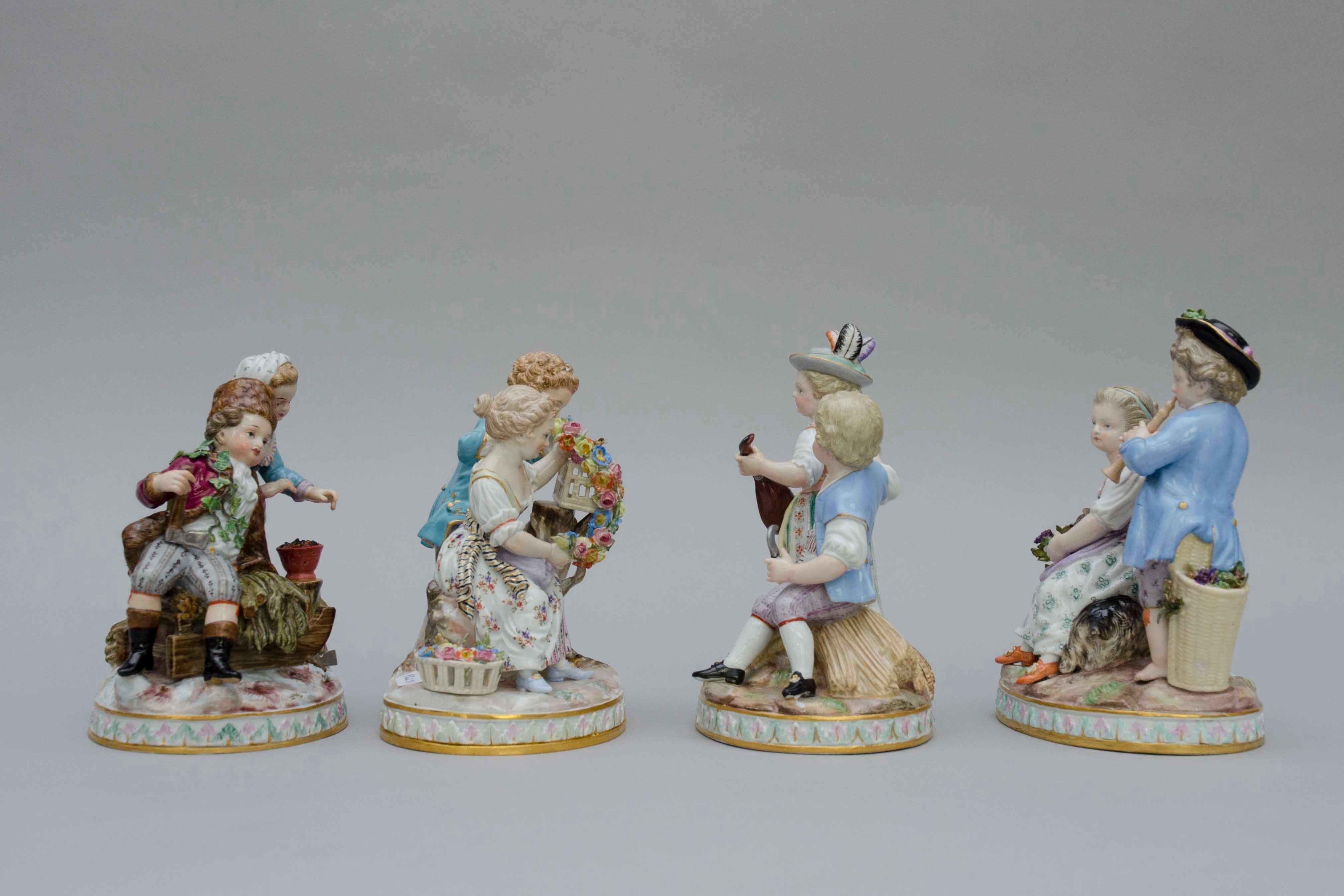 Series of four groups with two children, each representing one saison. Beautiful details and colors.

Dimension: H 16cm

Meissen, second part of the 19th century.

Meissen was founded in 1710 in the gothic Albrechtburg castle. It was the first