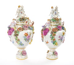 19th Century Meissen Rococo Style Flower-Encrusted Covered Urns from Germany
