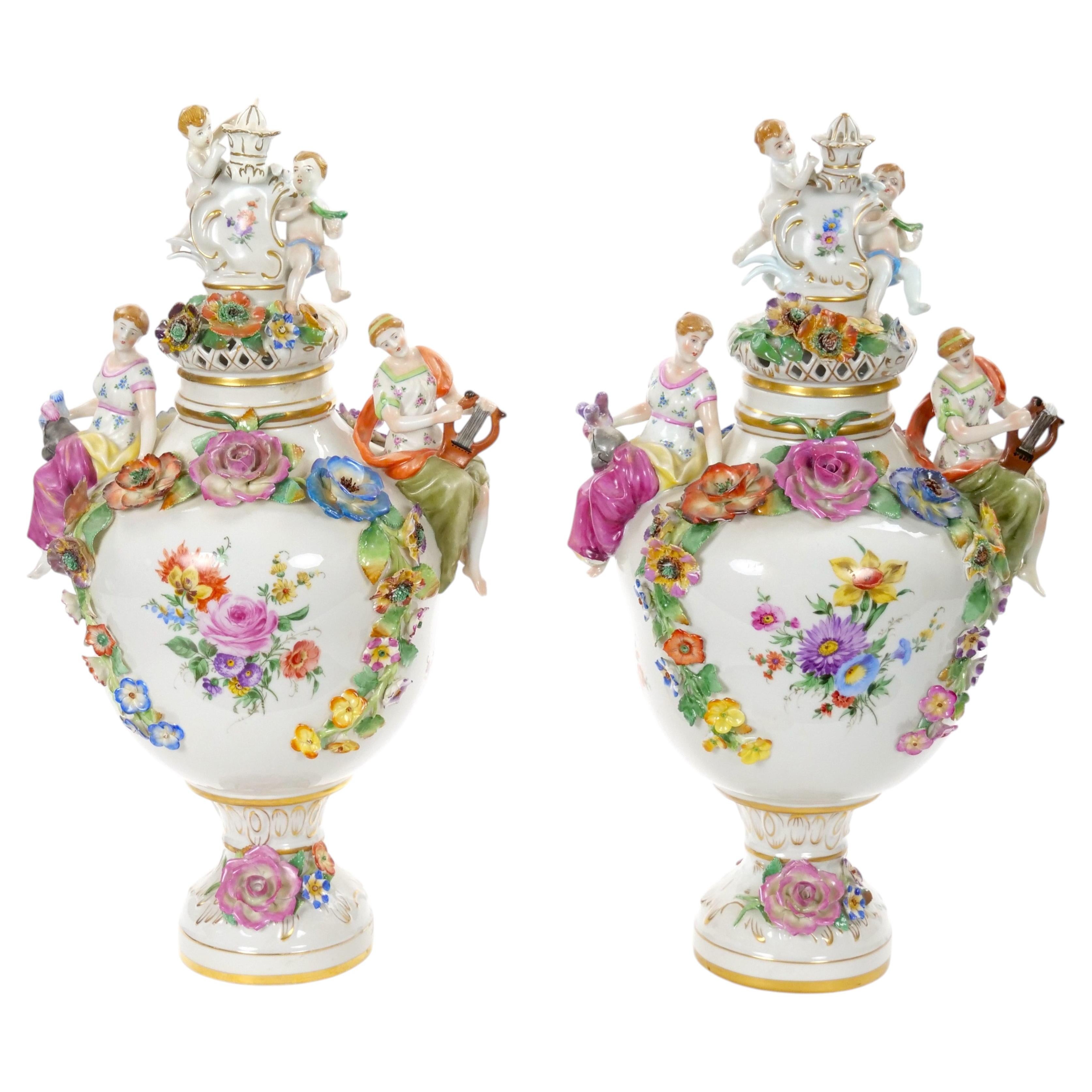 19th Century Meissen Rococo Style Flower-Encrusted Covered Urns from Germany