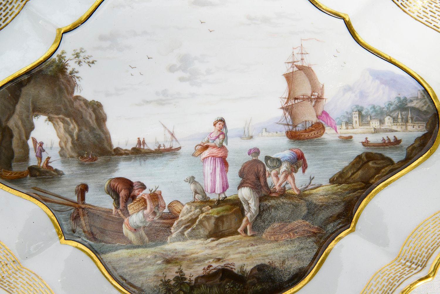 19th Century Meissen porcelain tray, depicting fisherman and women, with a galleon in the background.

Batch 75 G9855/22 DNKZZ