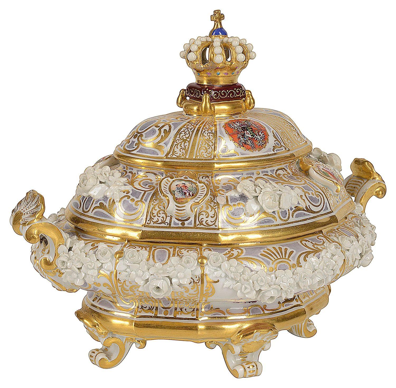 Hand-Painted 19th Century style Meissen Tureen with family crest. For Sale