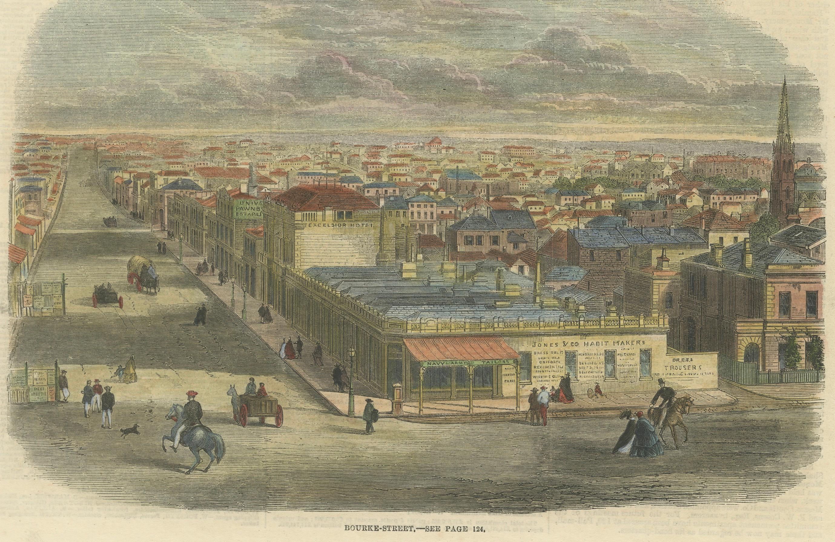 19th Century Melbourne: Government Landmarks and Bustling Bourke Street, 1863 In Good Condition For Sale In Langweer, NL