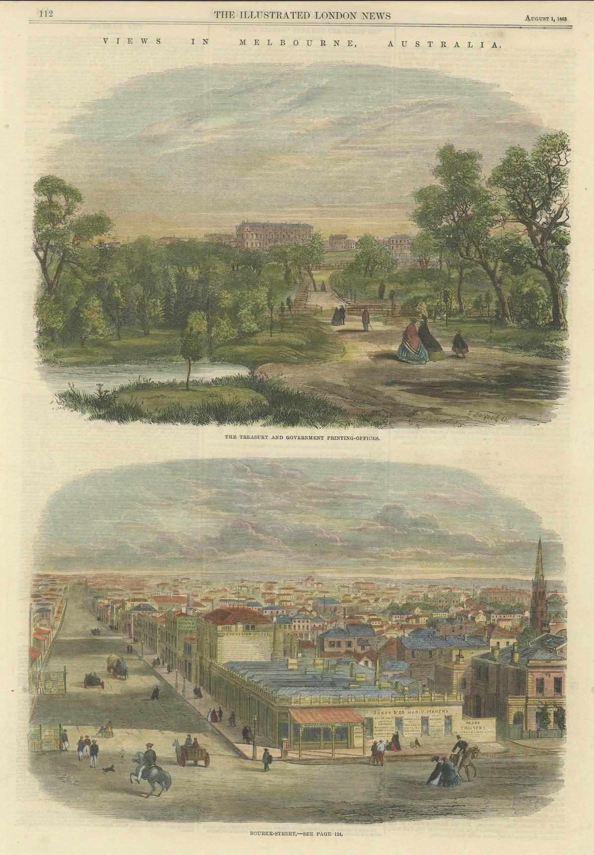 19th Century Melbourne: Government Landmarks and Bustling Bourke Street, 1863 For Sale 2