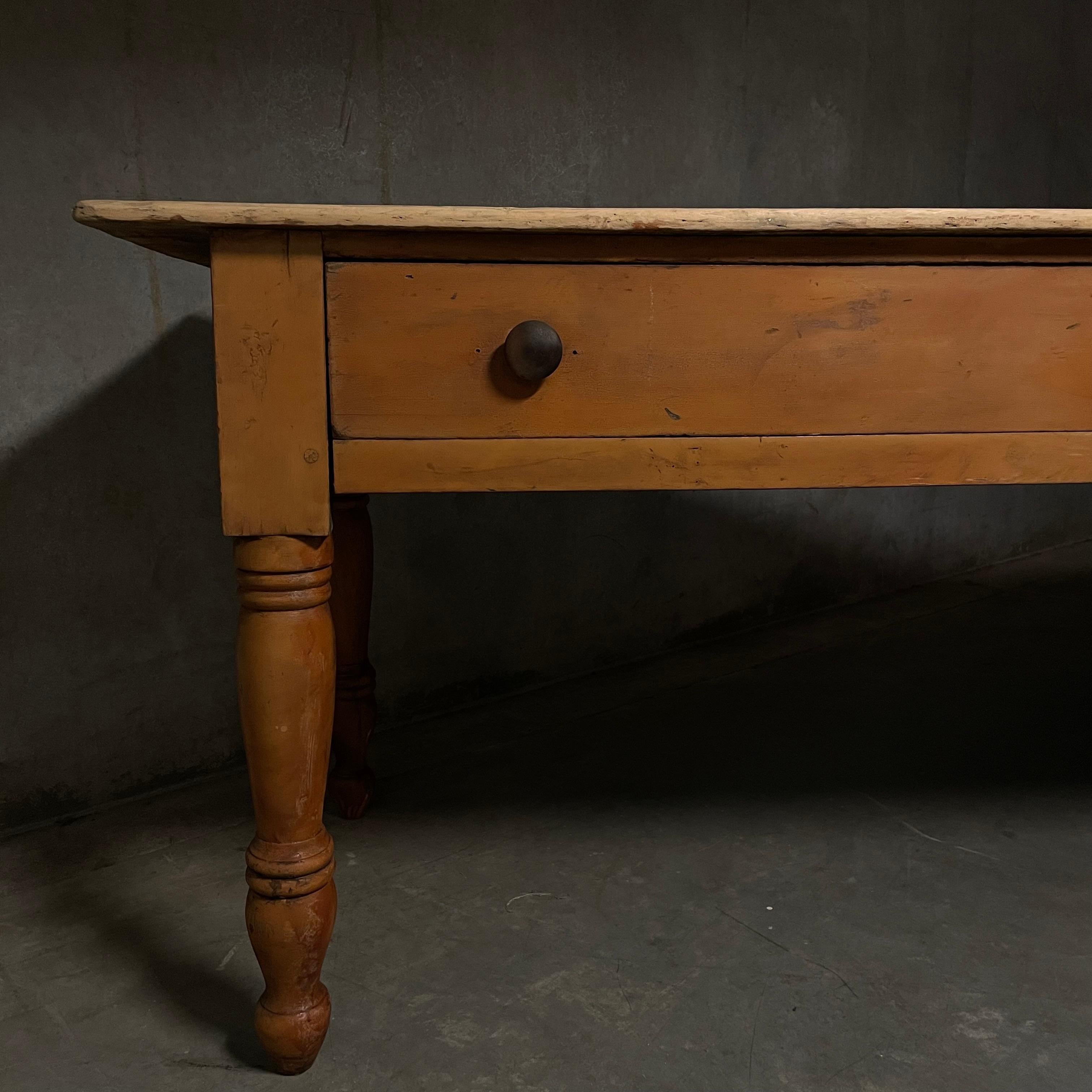 A very nice original farm style work table originally from a general store or mercantil setting.   Retaining original finish , large working drawers, all in square nail construction.
A very rare great original table .