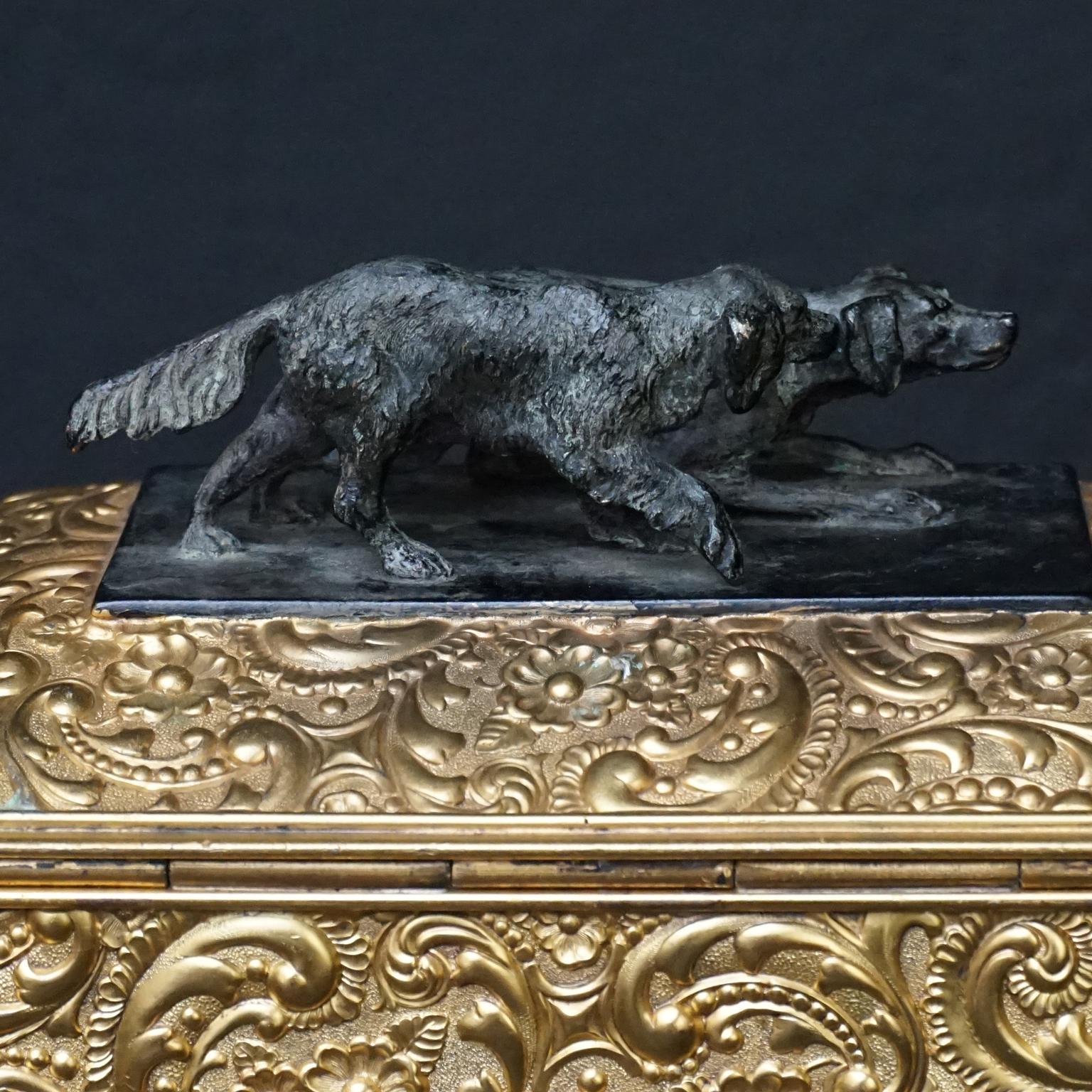 19th Century Meriden Wilcox Gilt Silver Plate Humidor with Bronze Hunting Dogs For Sale 2