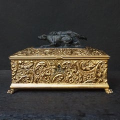 19th Century Meriden Wilcox Gilt Silver Plate Humidor with Bronze Hunting Dogs