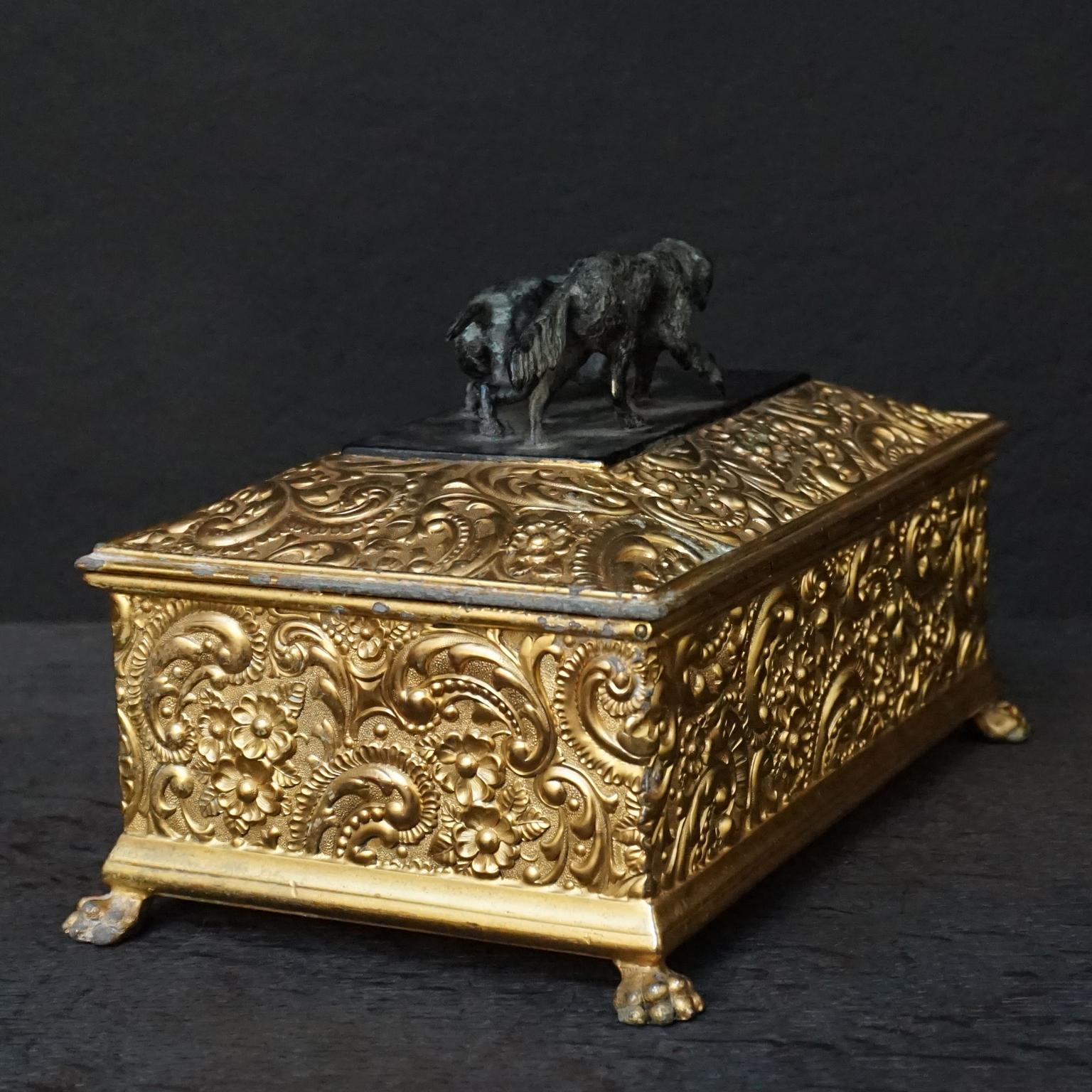 Cast 19th Century Meriden Wilcox Gilt Silver Plate Humidor with Bronze Hunting Dogs For Sale