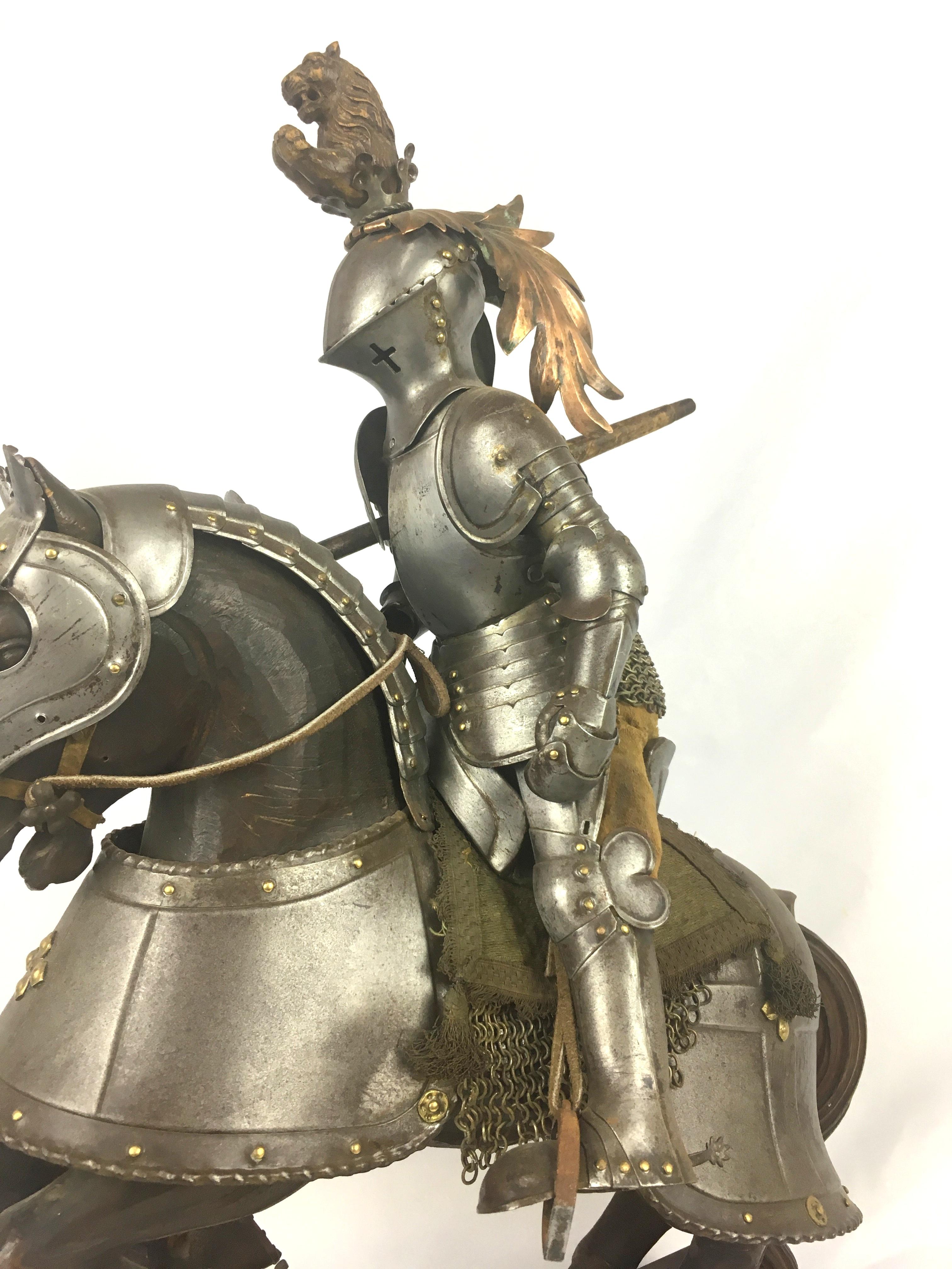 19th Century Metal and Wooden Model of 15th Century Armored Knight on Horseback For Sale 12