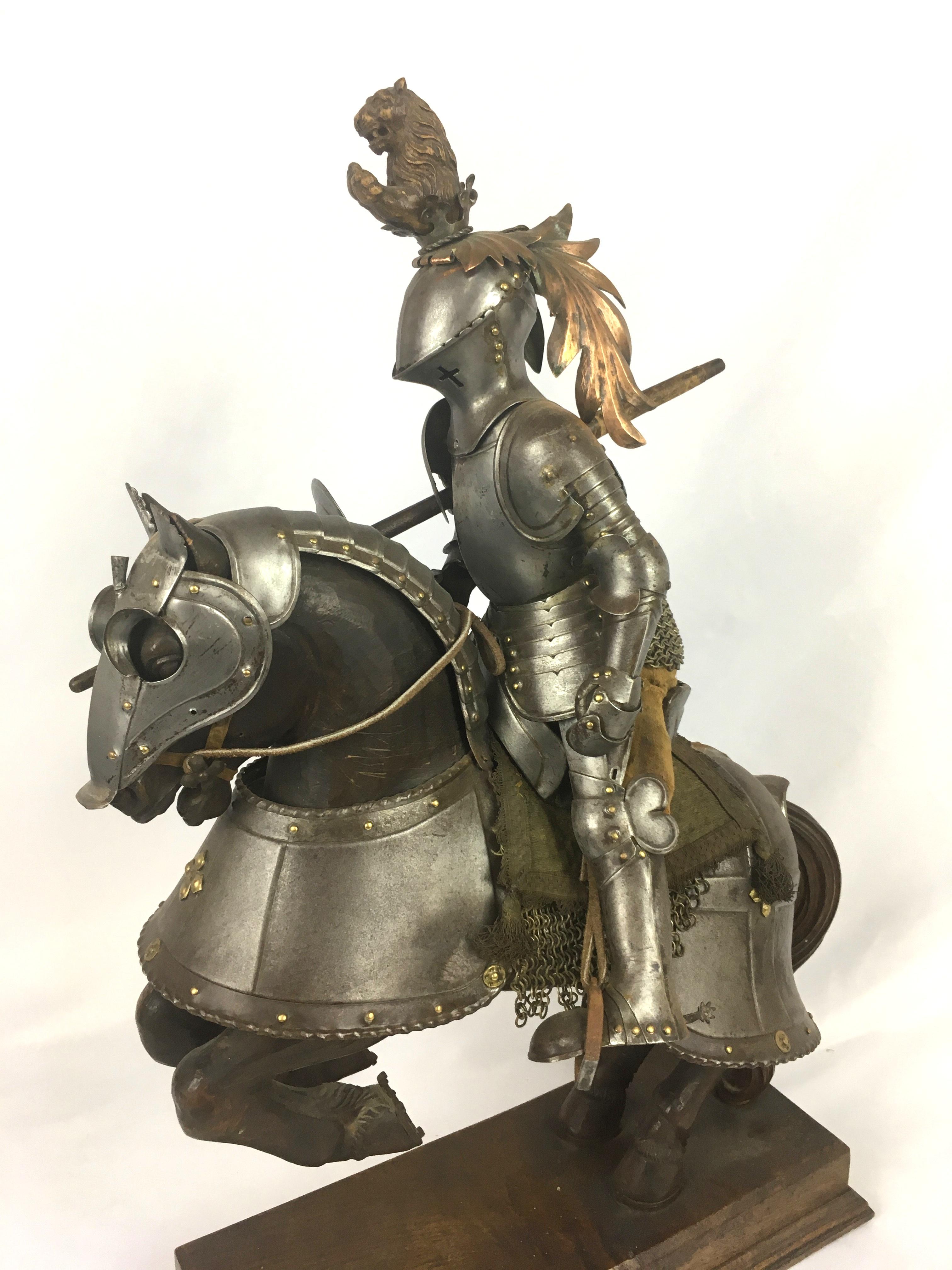 German 19th Century Metal and Wooden Model of 15th Century Armored Knight on Horseback For Sale