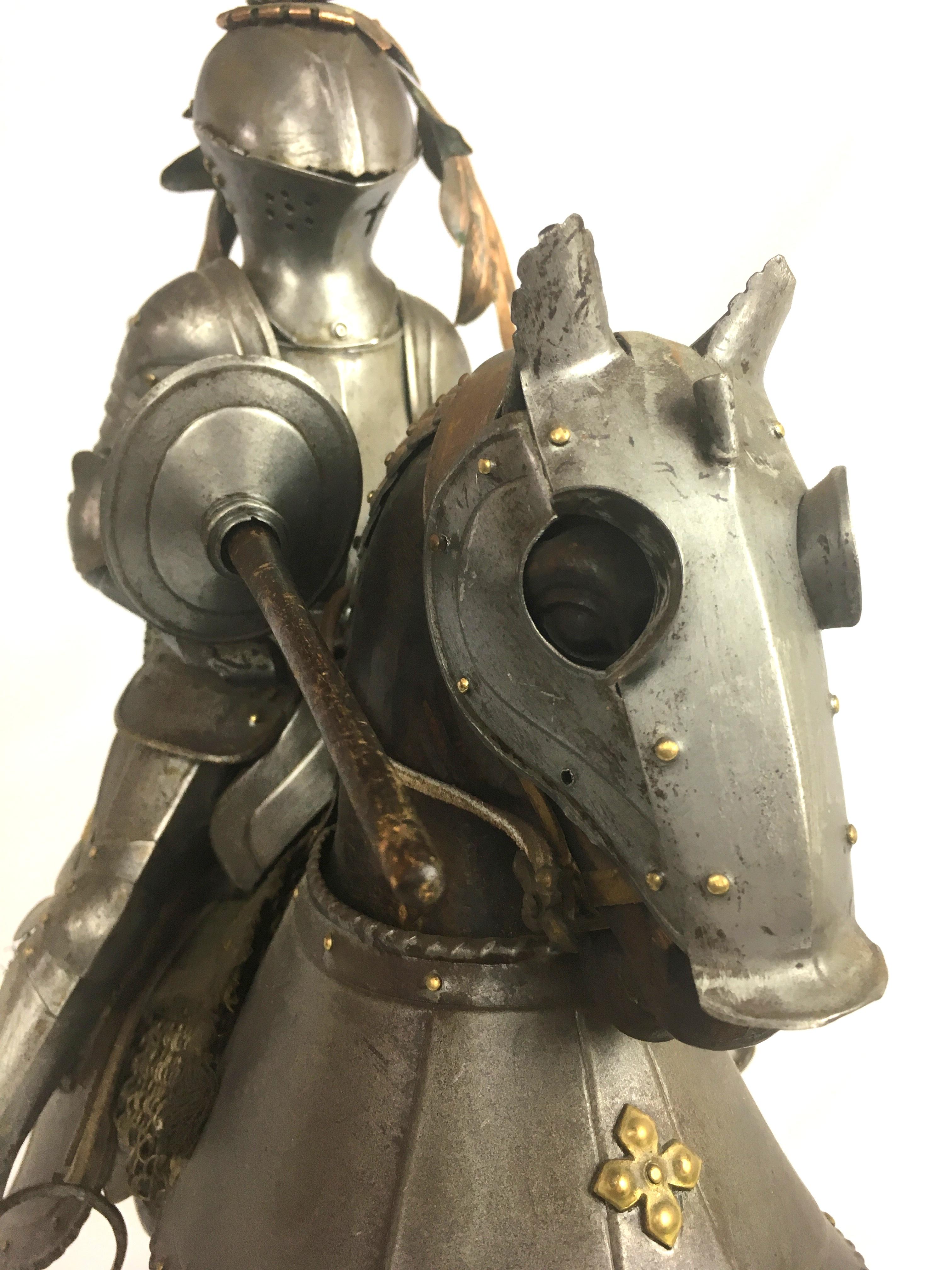 Carved 19th Century Metal and Wooden Model of 15th Century Armored Knight on Horseback For Sale