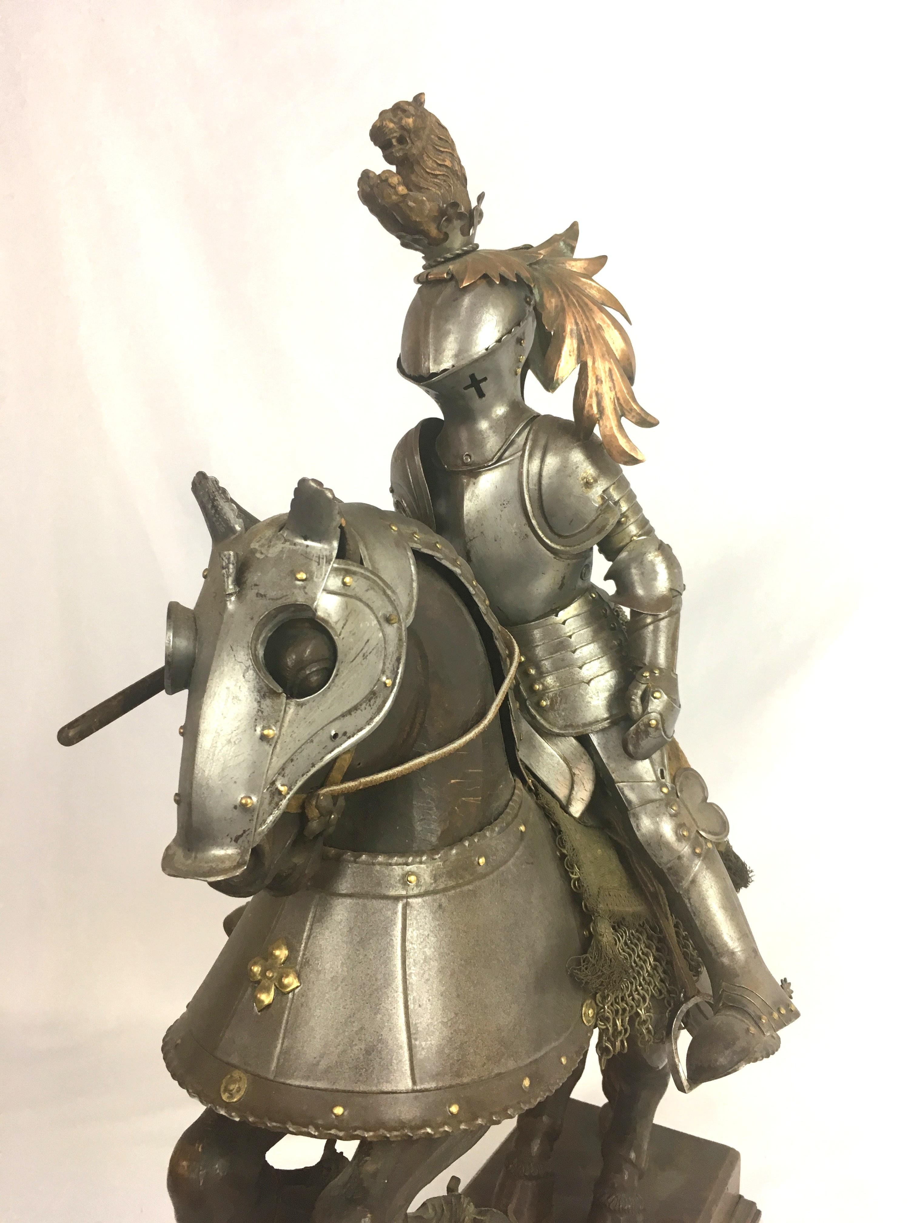 19th Century Metal and Wooden Model of 15th Century Armored Knight on Horseback In Good Condition For Sale In Portland, OR