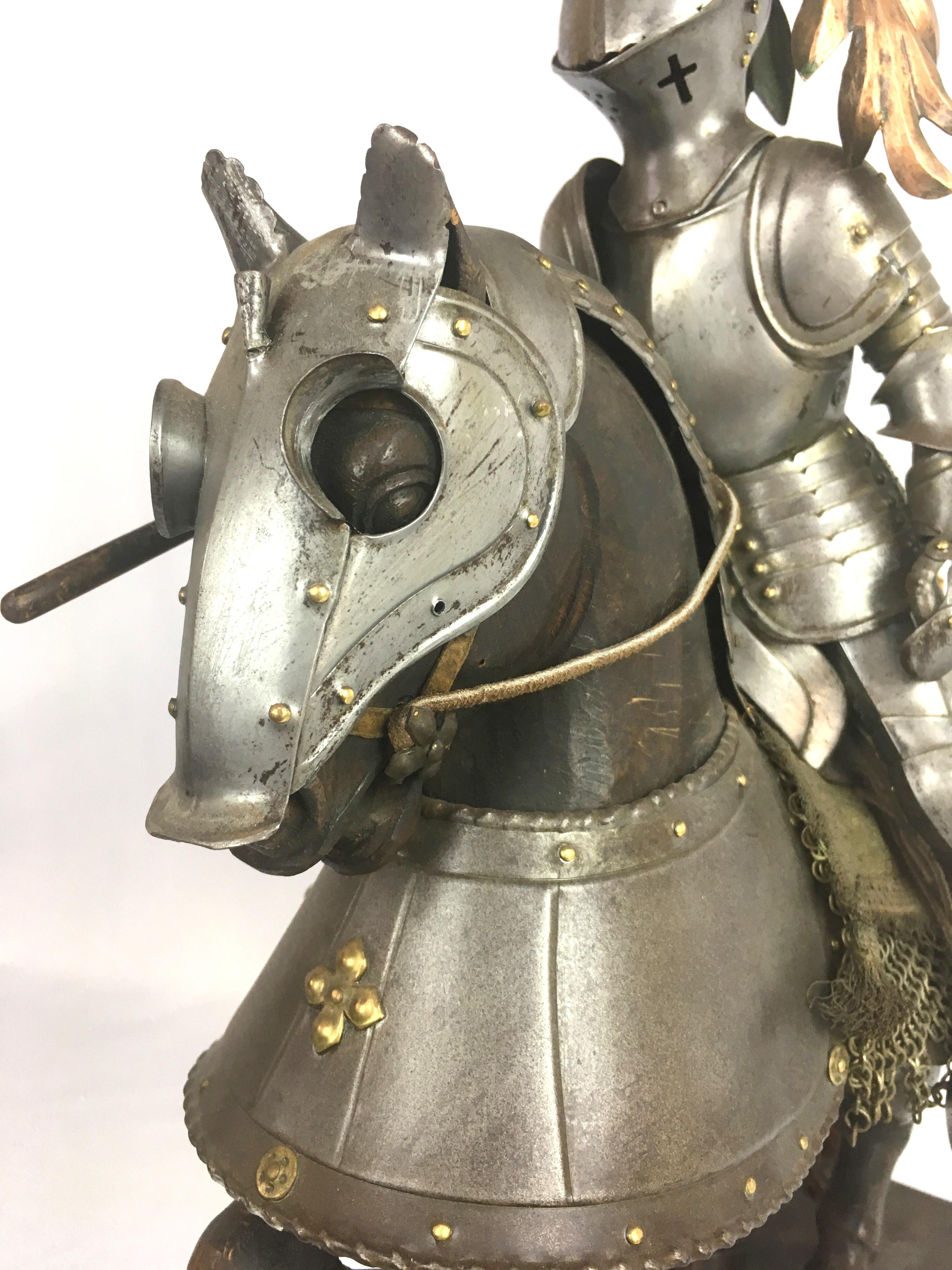 19th Century Metal and Wooden Model of 15th Century Armored Knight on Horseback For Sale 1