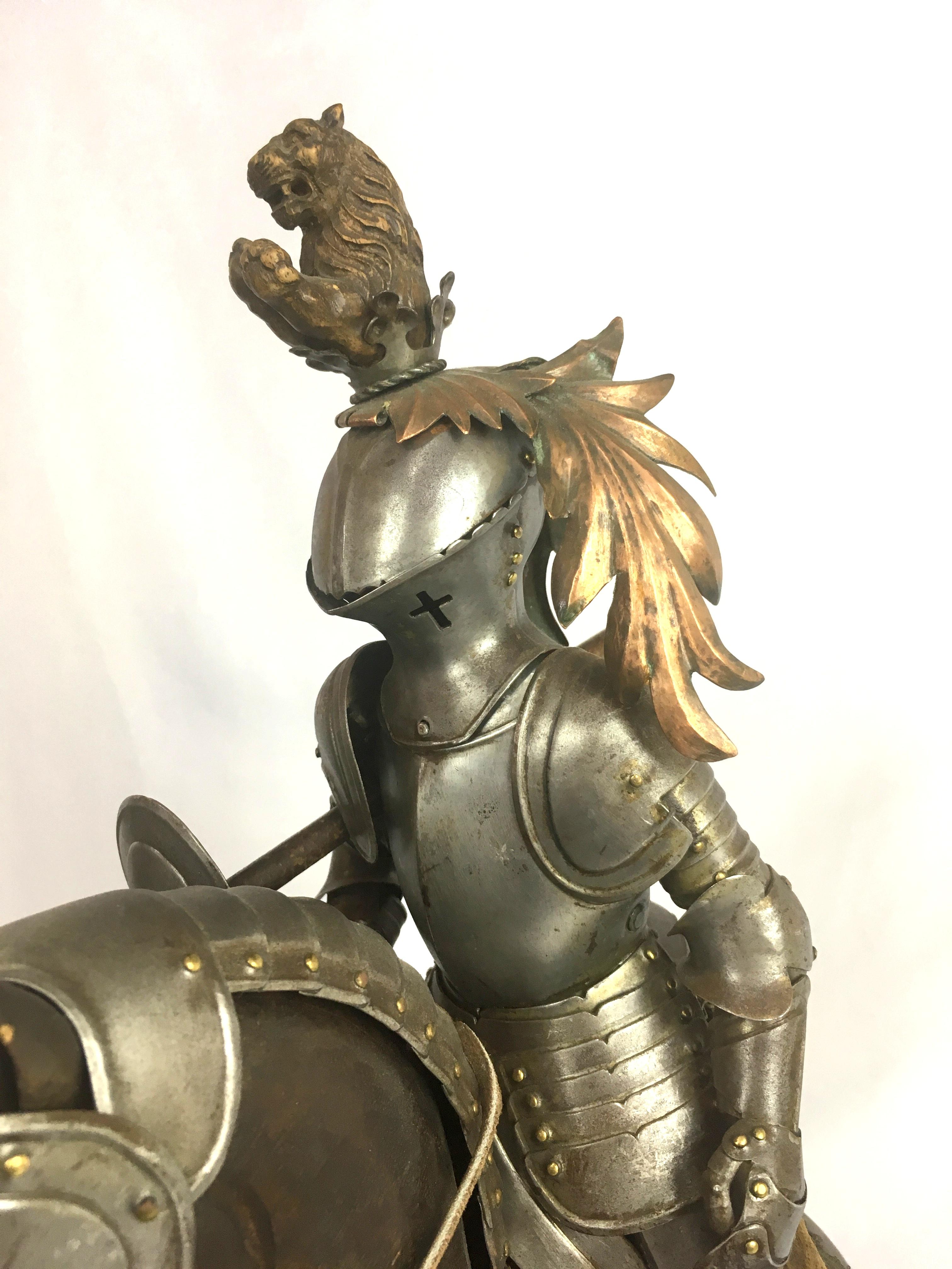 19th Century Metal and Wooden Model of 15th Century Armored Knight on Horseback For Sale 2
