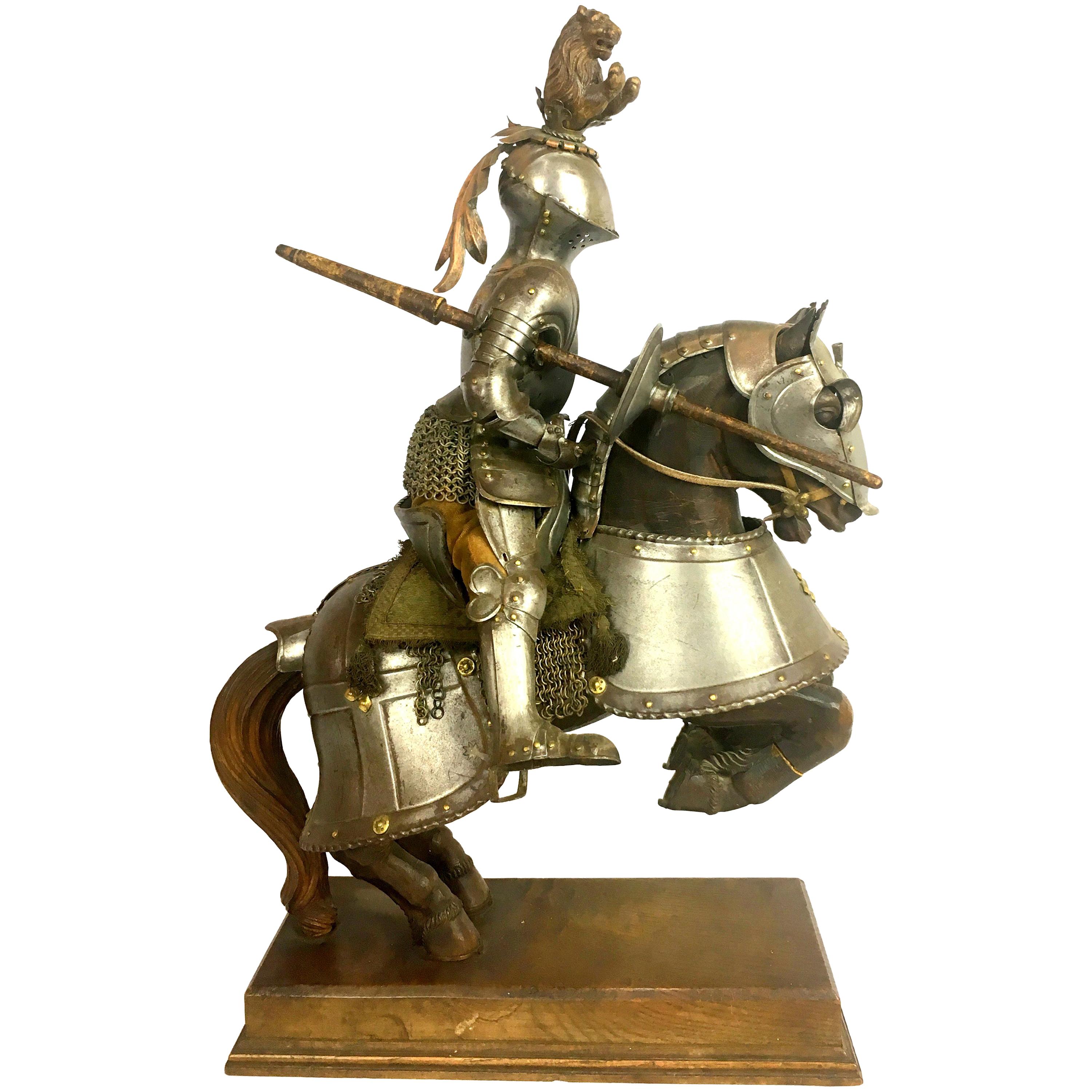 19th Century Metal and Wooden Model of 15th Century Armored Knight on Horseback For Sale