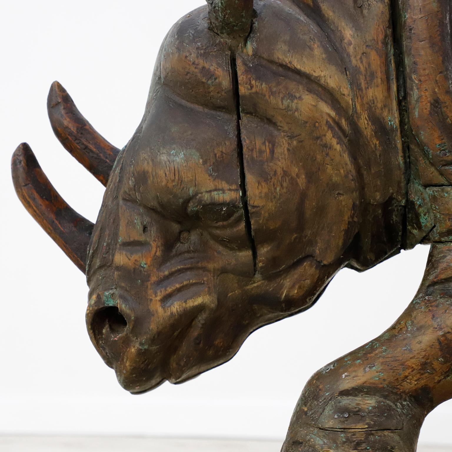 19th Century Mexican Carousel Rhino. Handmade in Carved wood beautiful patina.
