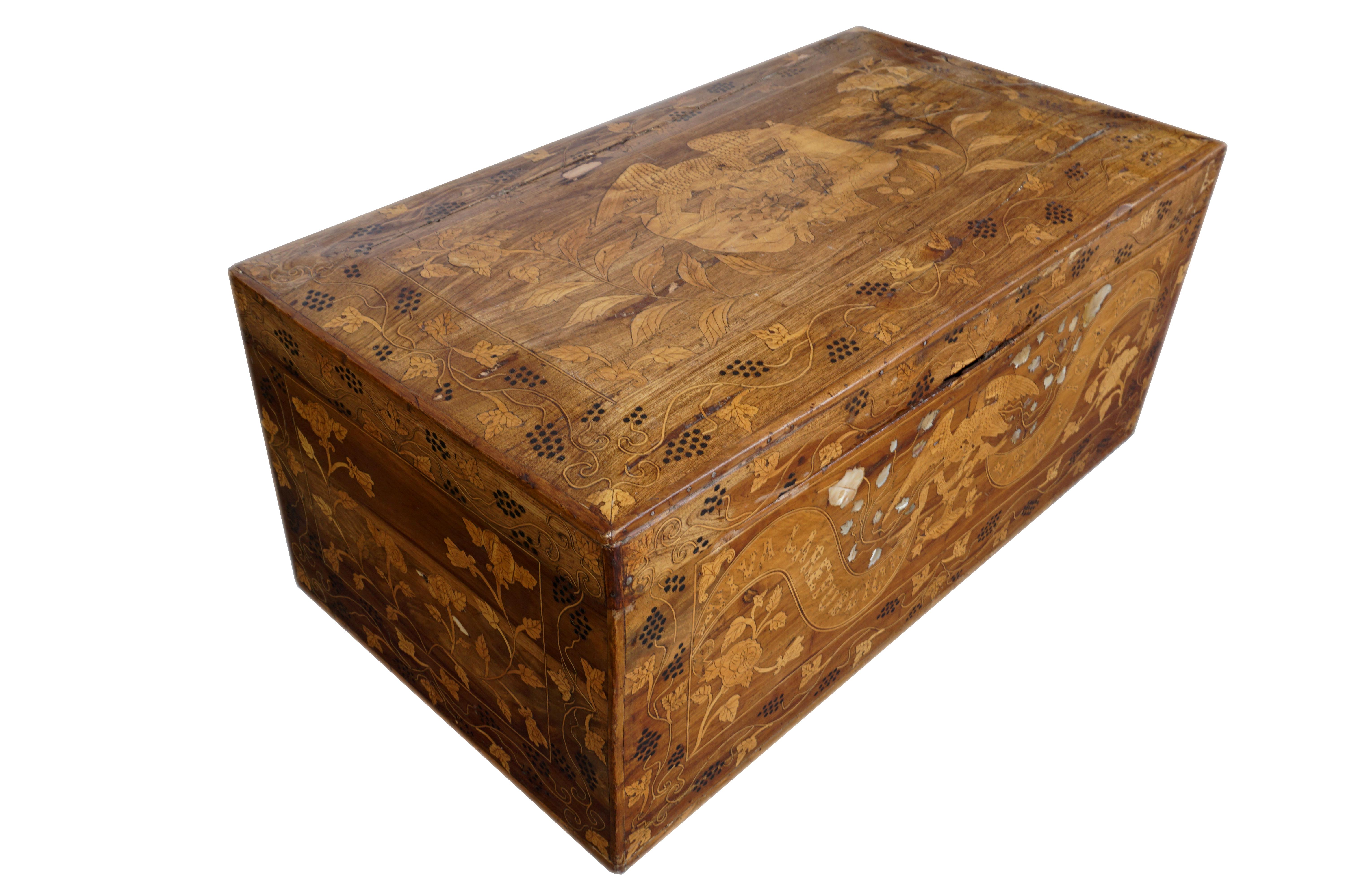 Neoclassical 19th Century Mexican Inlaid Wood Marquetry Trunk from Jalisco For Sale